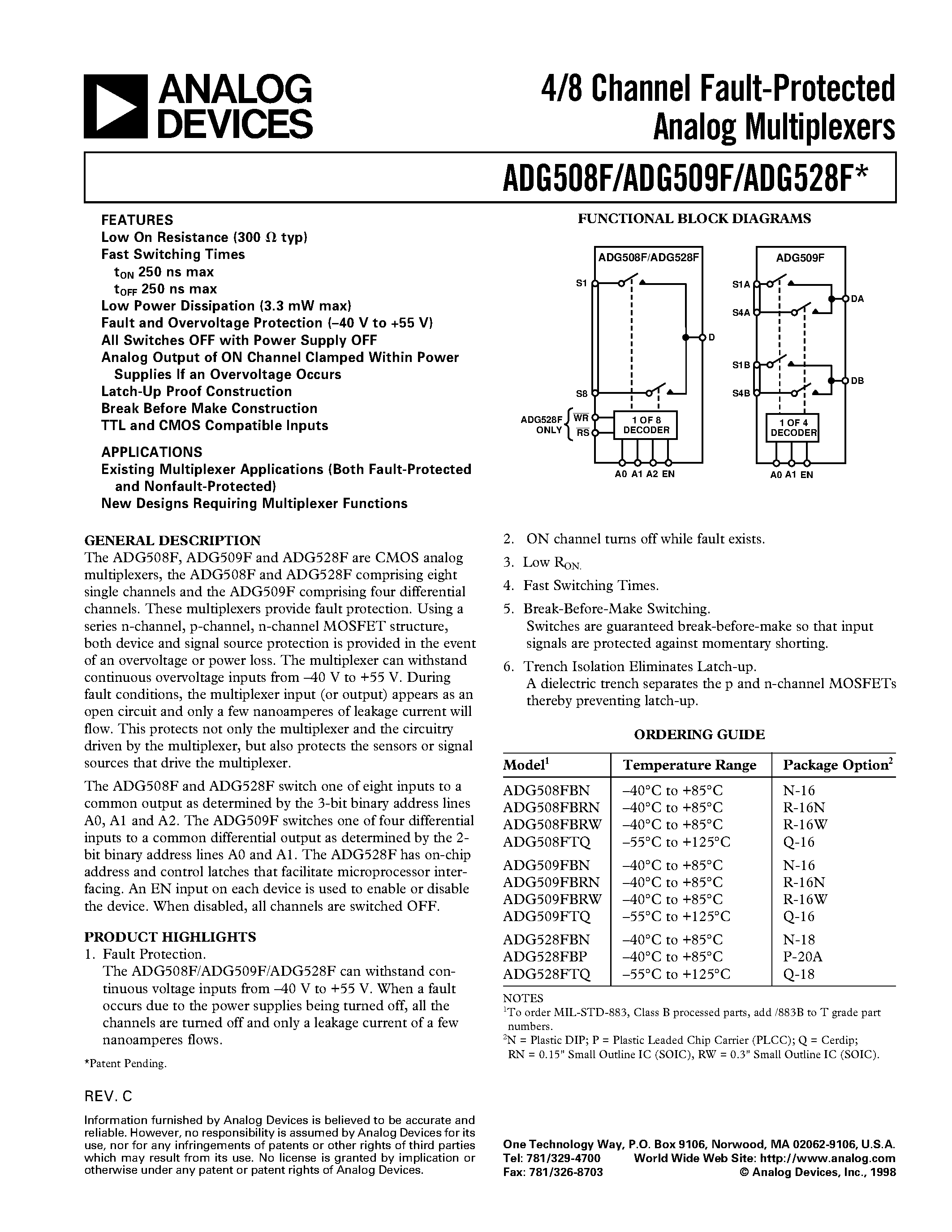 Datasheet ADG509FTQ - 4/8 Channel Fault-Protected Analog Multiplexers page 1