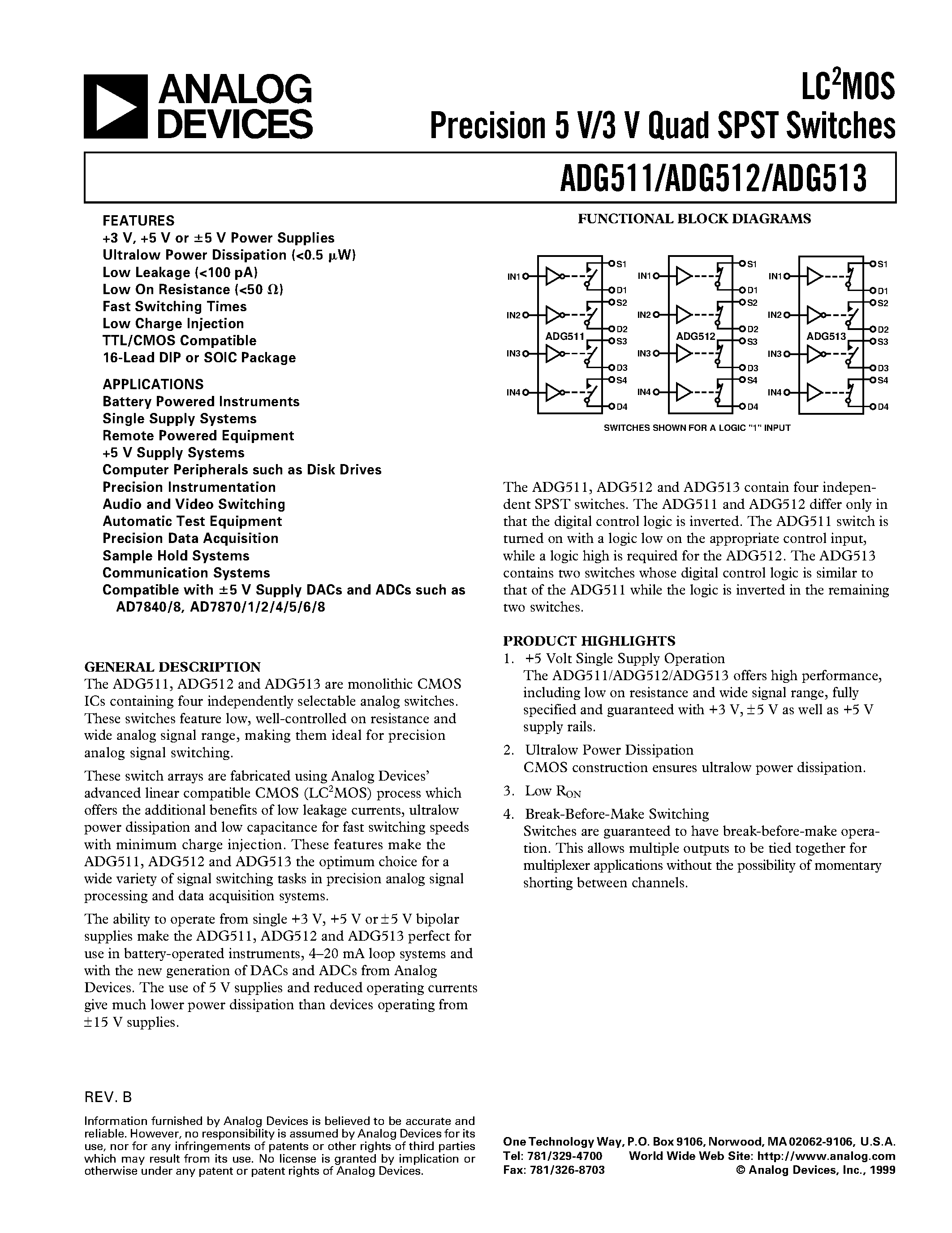 Datasheet ADG513BN page 1 Datasheet ADG513BN - LC2MOS Precision 5 V/3 V Quad SPST Switches page 1