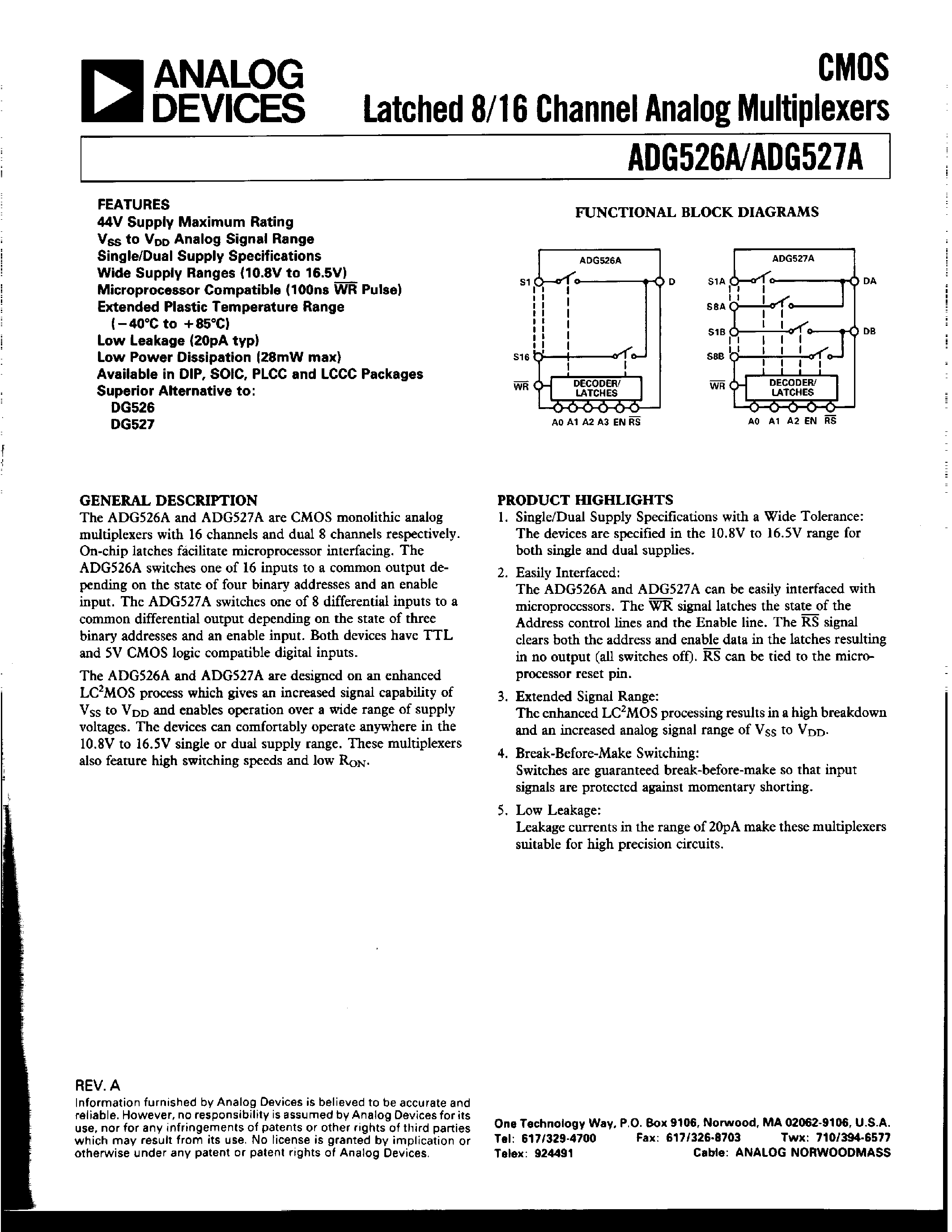Даташит на микросхему ADG527ATE страница 1 Даташит ADG527ATE - CMOS LATCHED 8/16 CHANNEL ANALOG MULTIPLEXERS страница 1
