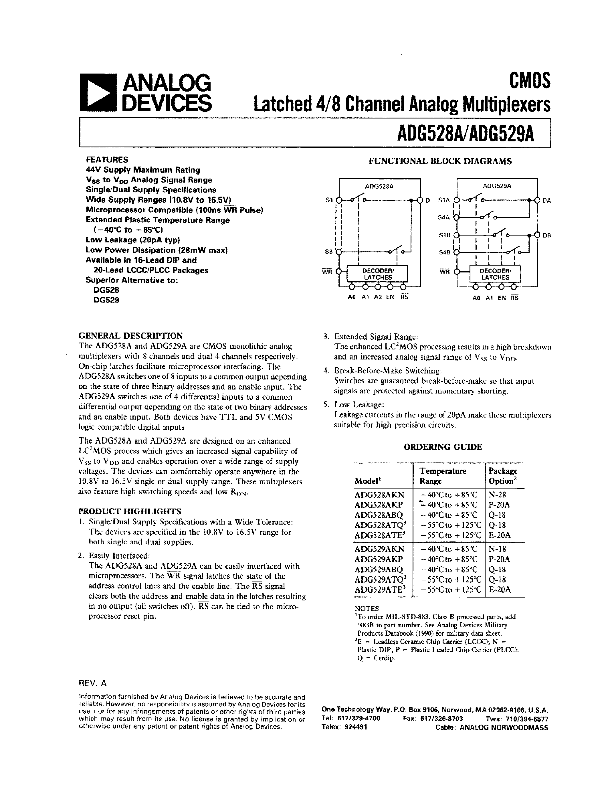 Datasheet ADG528ATE - CMOS LATCHED 4/8 CHANNEL ANALOG MULTIPLEXERS page 1