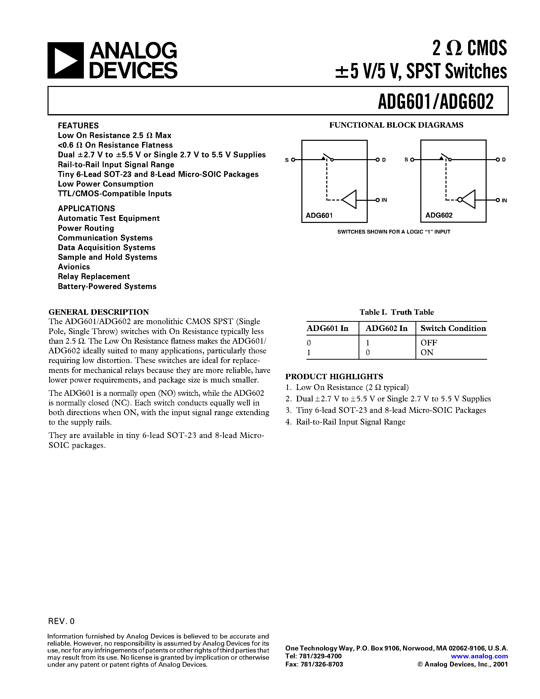 Datasheet ADG601 - 2 ohm CMOS +-5 V/5 V/ SPST SWITCHES page 1