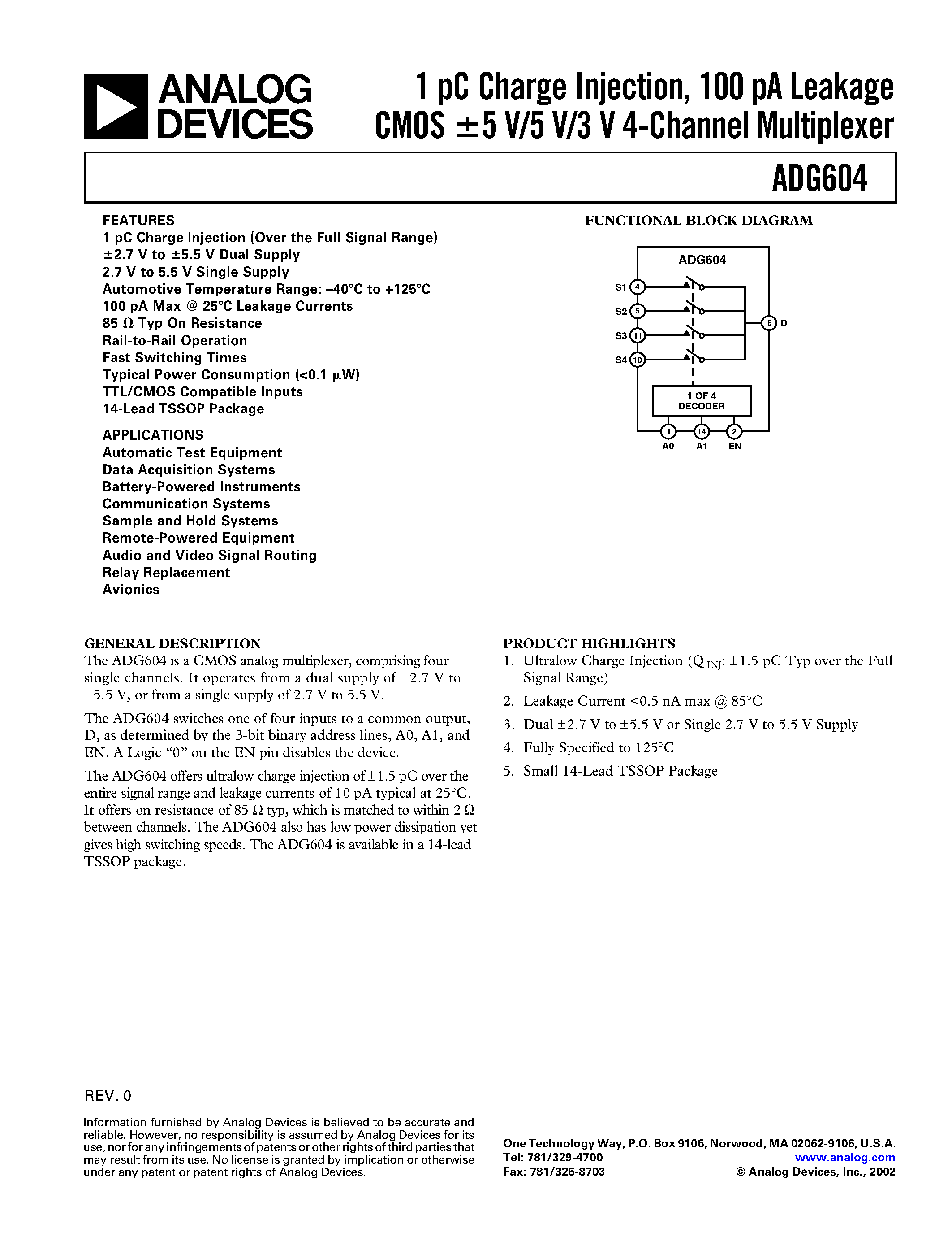 Datasheet ADG604 - 1 pC Charge Injection/ 100 pA Leakage CMOS 5 V/5 V/3 V 4-Channel Multiplexer page 1