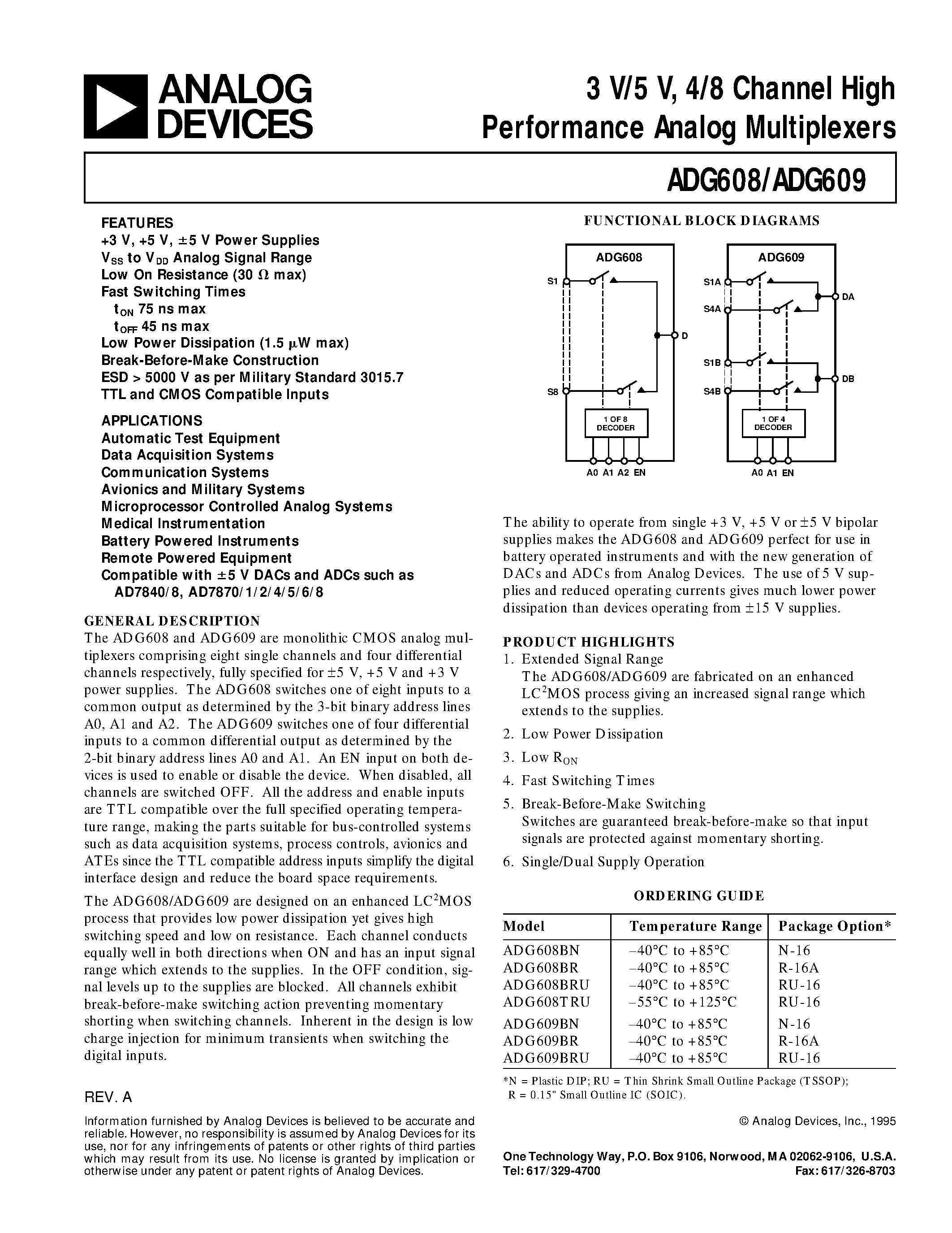 Datasheet ADG609BN - 3 V/5 V/ 4/8 Channel High Performance Analog Multiplexers page 1