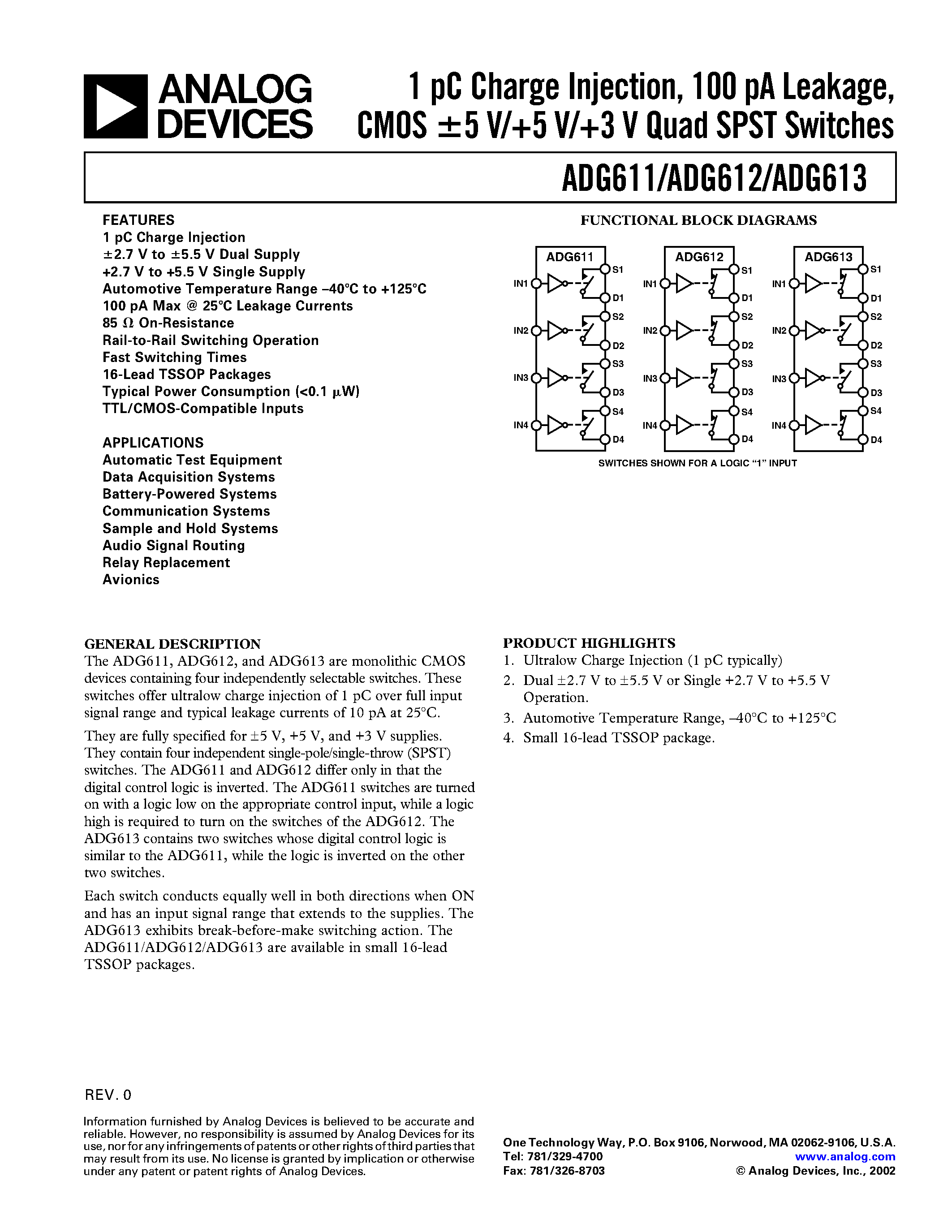 Datasheet ADG611YRU - 1 pC Chanrge Injection/ 100 pA Leakage/ CMOS +-5 V/+5 V/+3 V Quad SPST Switches page 1