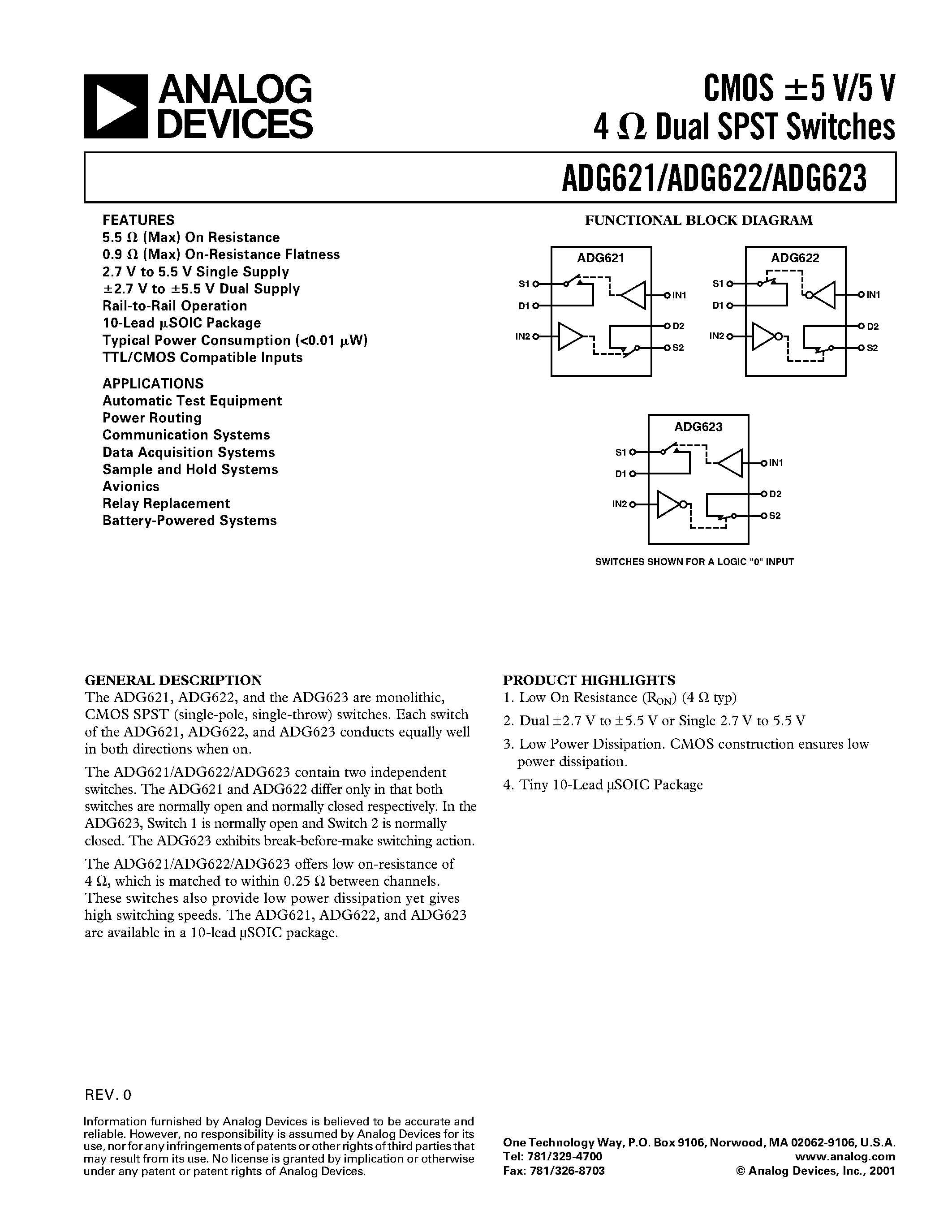 Datasheet ADG623 - CMOS +-5 V/ +5V 4 OHM DUAL SPST SWITCHES page 1