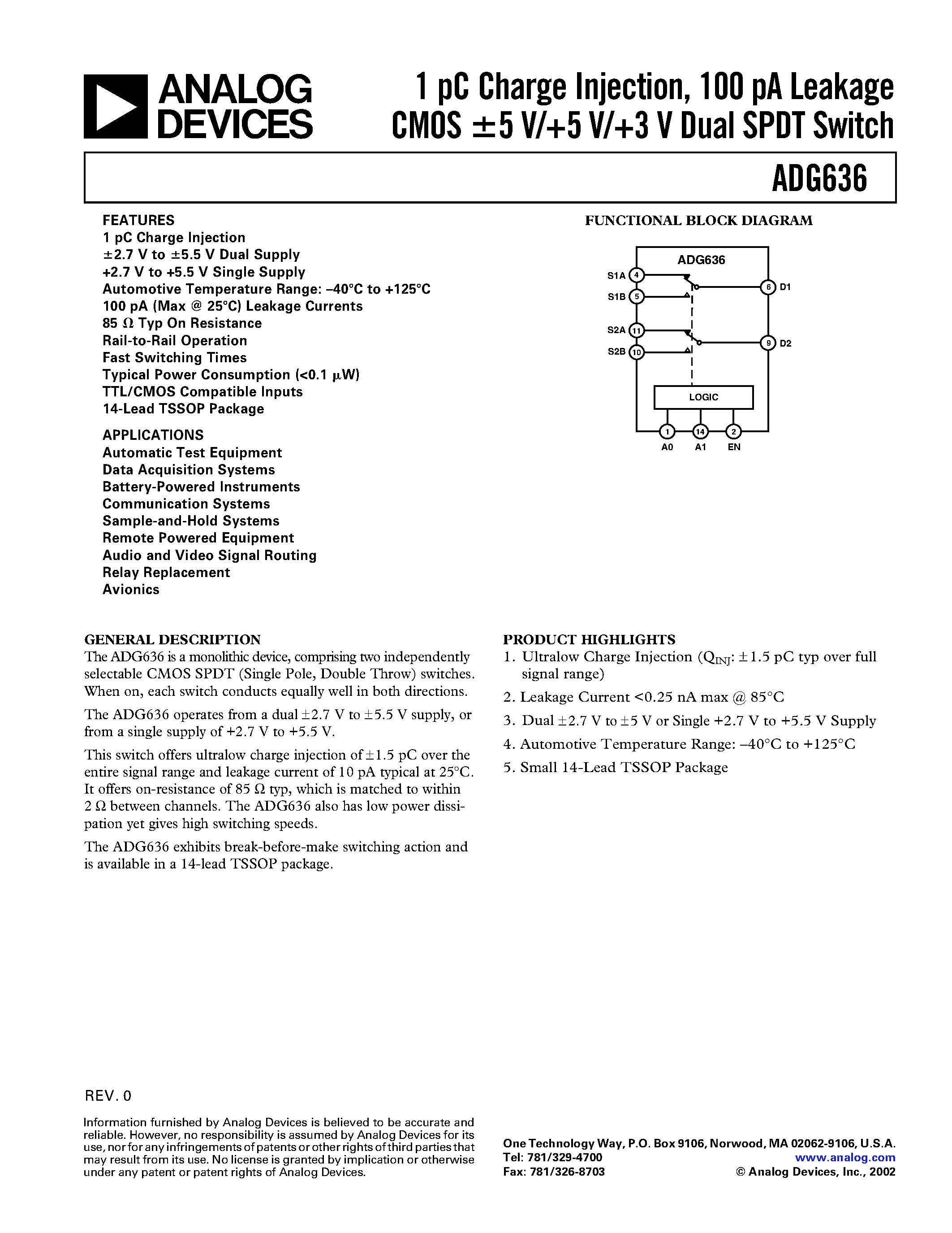 Datasheet ADG636YRU - 1 pC Charge Injection/ 100 pA Leakage CMOS 5 V/+5 V/+3 V Dual SPDT Switch page 1