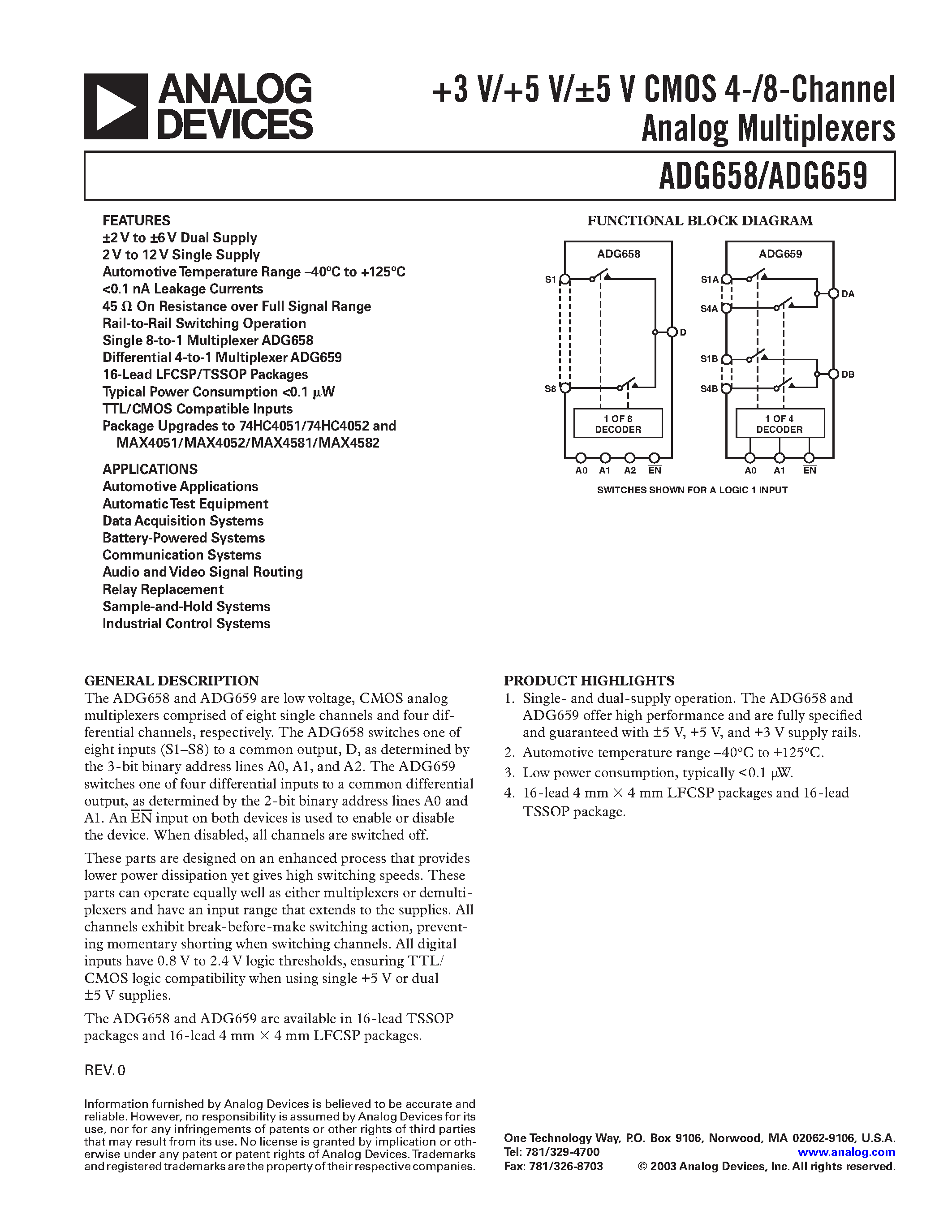 Datasheet ADG658YCP - +3 V/+5 V/5 V CMOS 4-/8-Channel Analog Multiplexers page 1