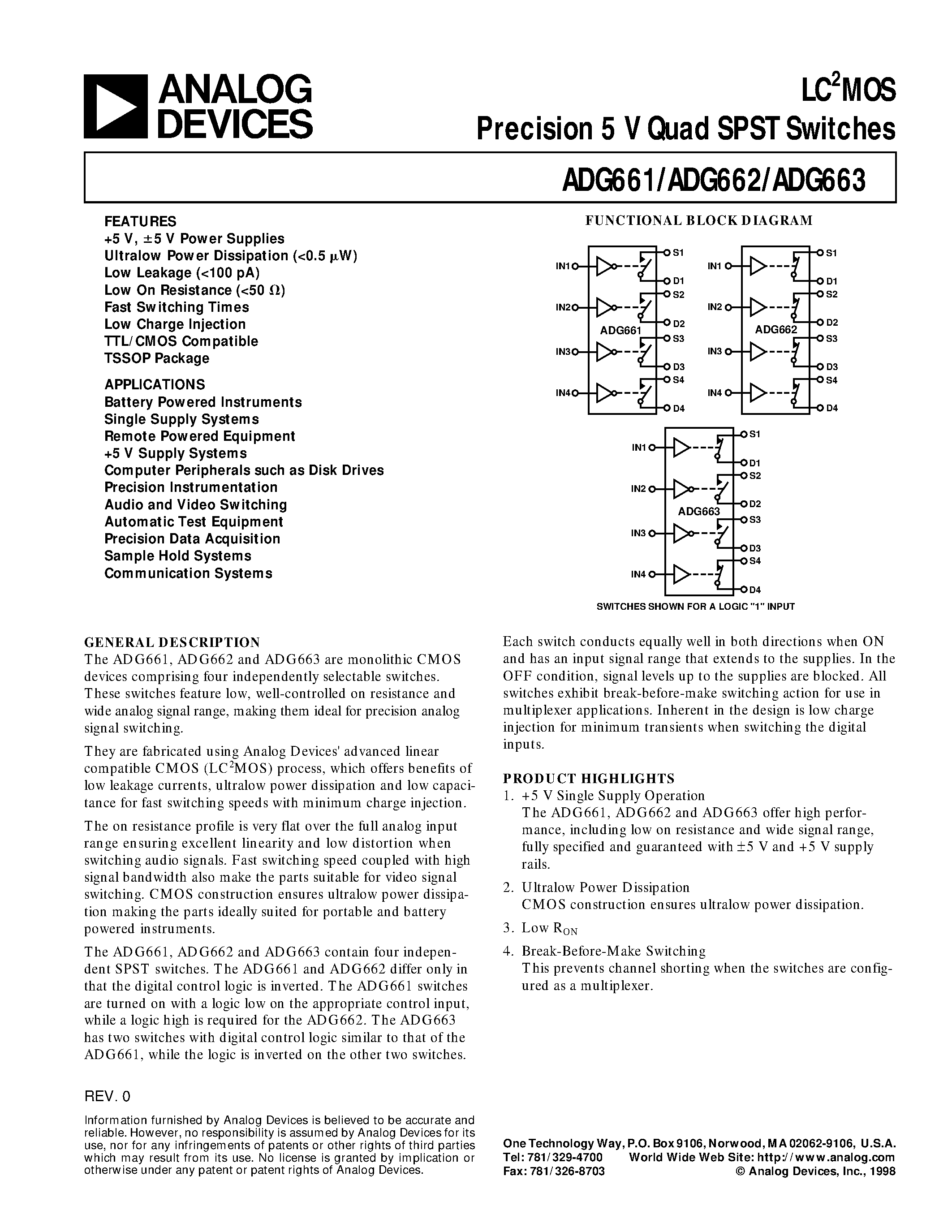 Datasheet ADG663BRU - LC2MOS Precision 5 V Quad SPST Switches page 1