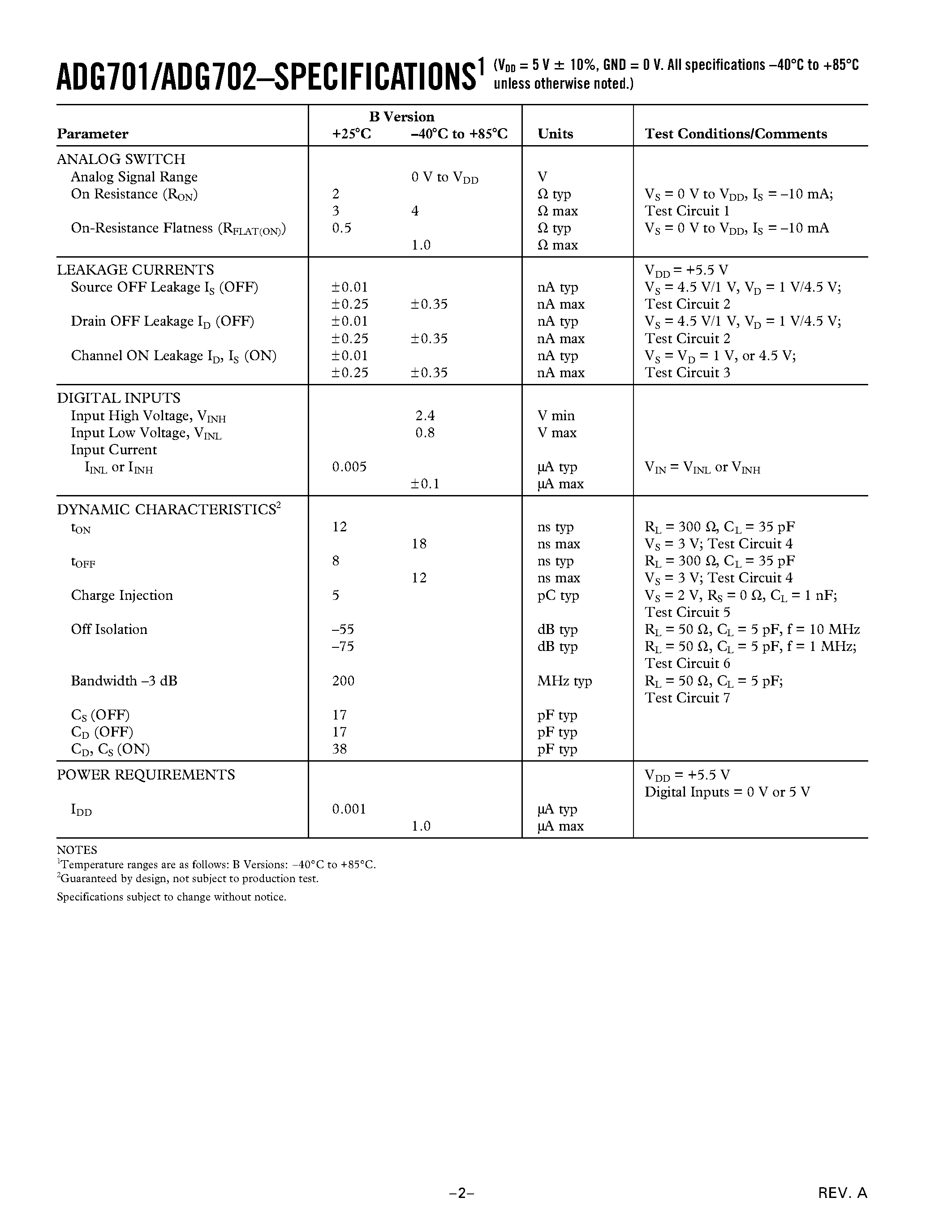 Datasheet ADG701 - CMOS Low Voltage 2ohm SPST Switches page 2