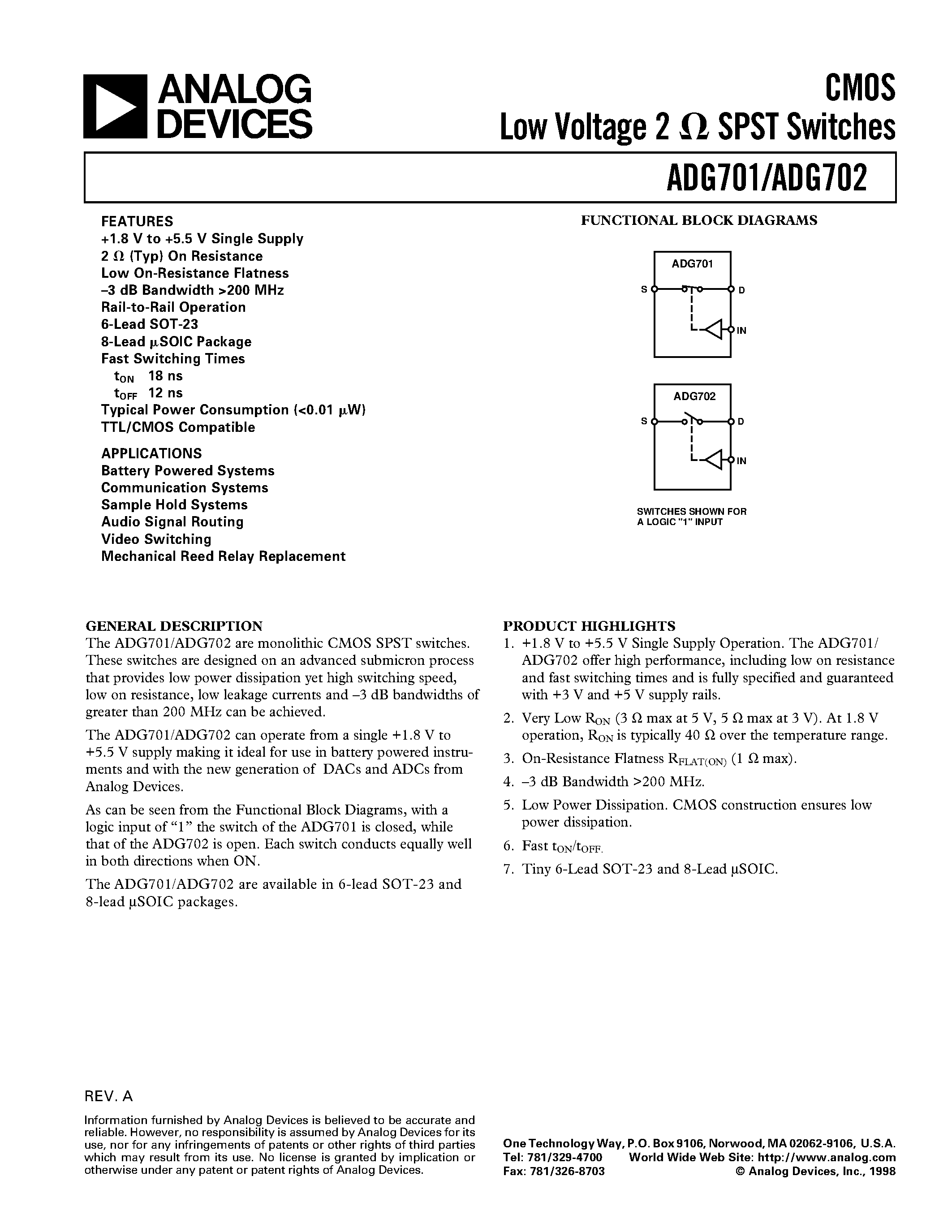 Datasheet ADG702BRT - CMOS Low Voltage 2ohm SPST Switches page 1