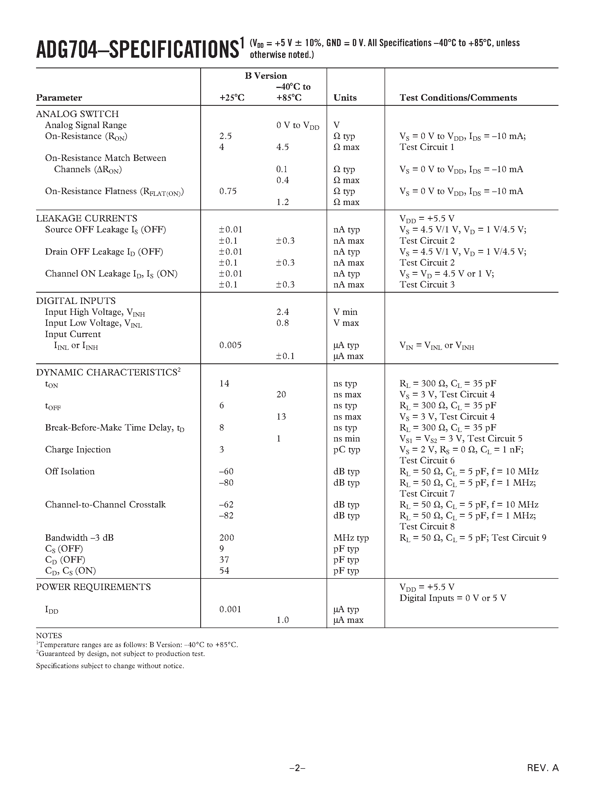 Datasheet ADG704 page 2 Datasheet ADG704 - CMOS Low Voltage 4 ohm/ 4-Channel Multiplexer page 2