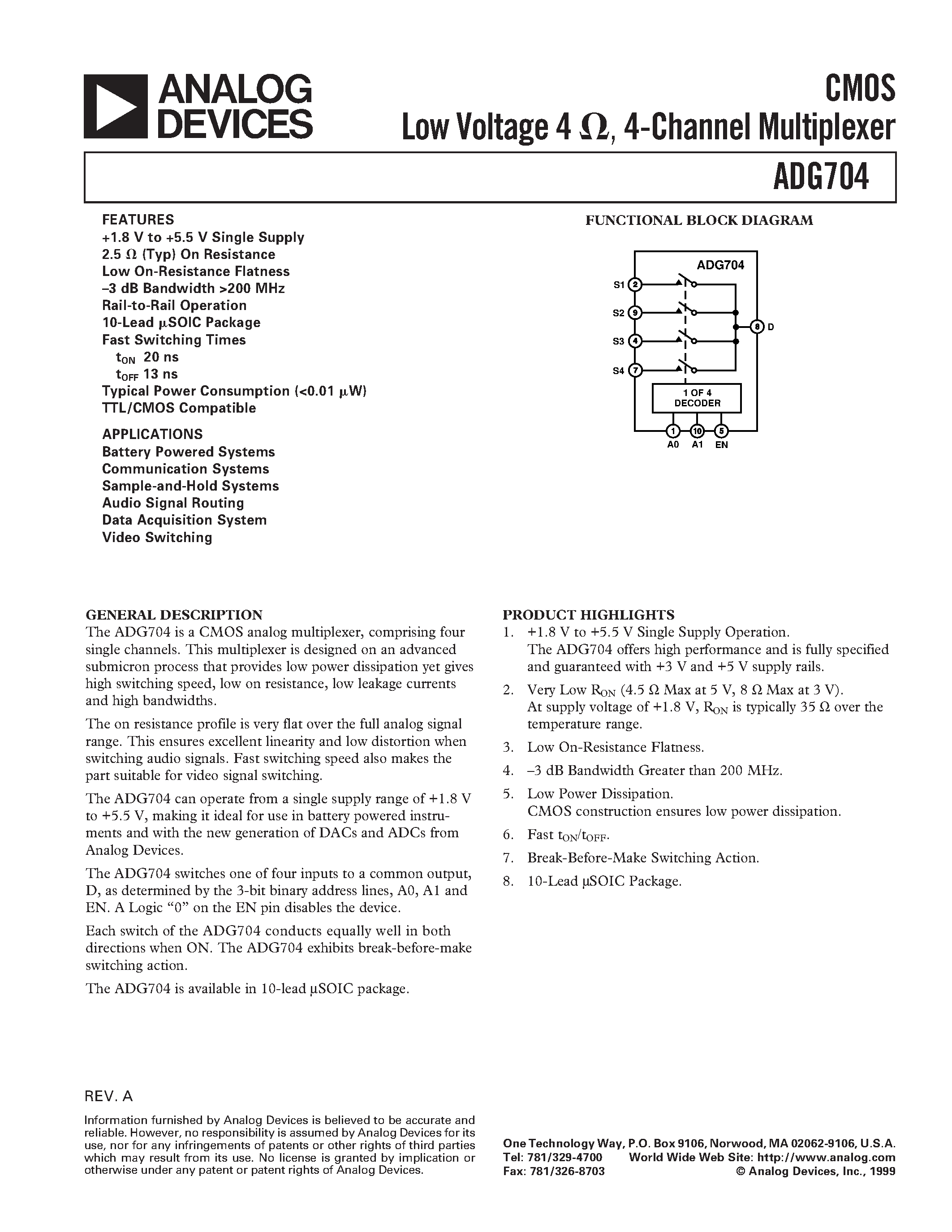 Datasheet ADG704BRM - CMOS Low Voltage 4 ohm/ 4-Channel Multiplexer page 1