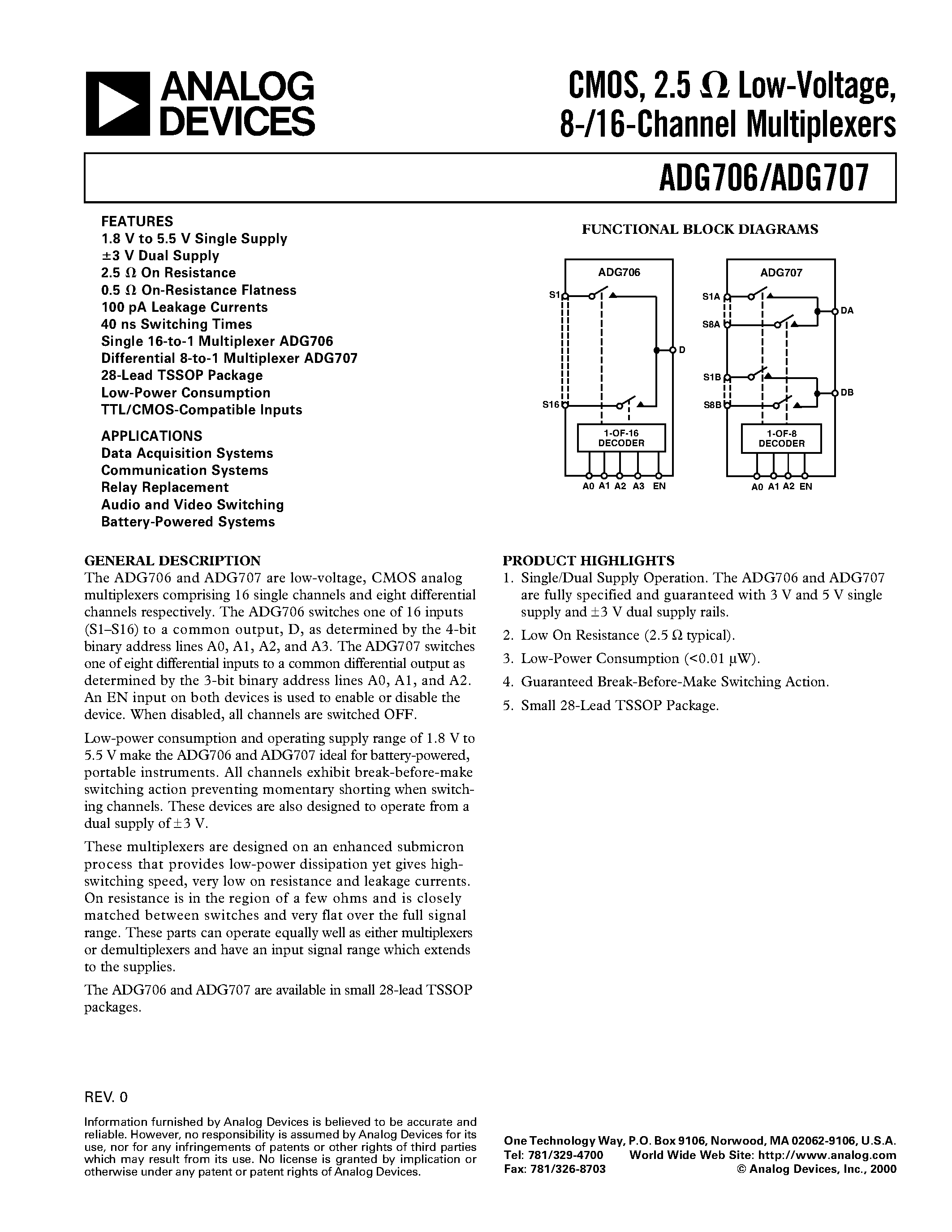 Даташит на микросхему ADG707 страница 1 Даташит ADG707 - CMOS/ 2.5ohm Low-Voltage/ 8-/16-Channel Multiplexers страница 1
