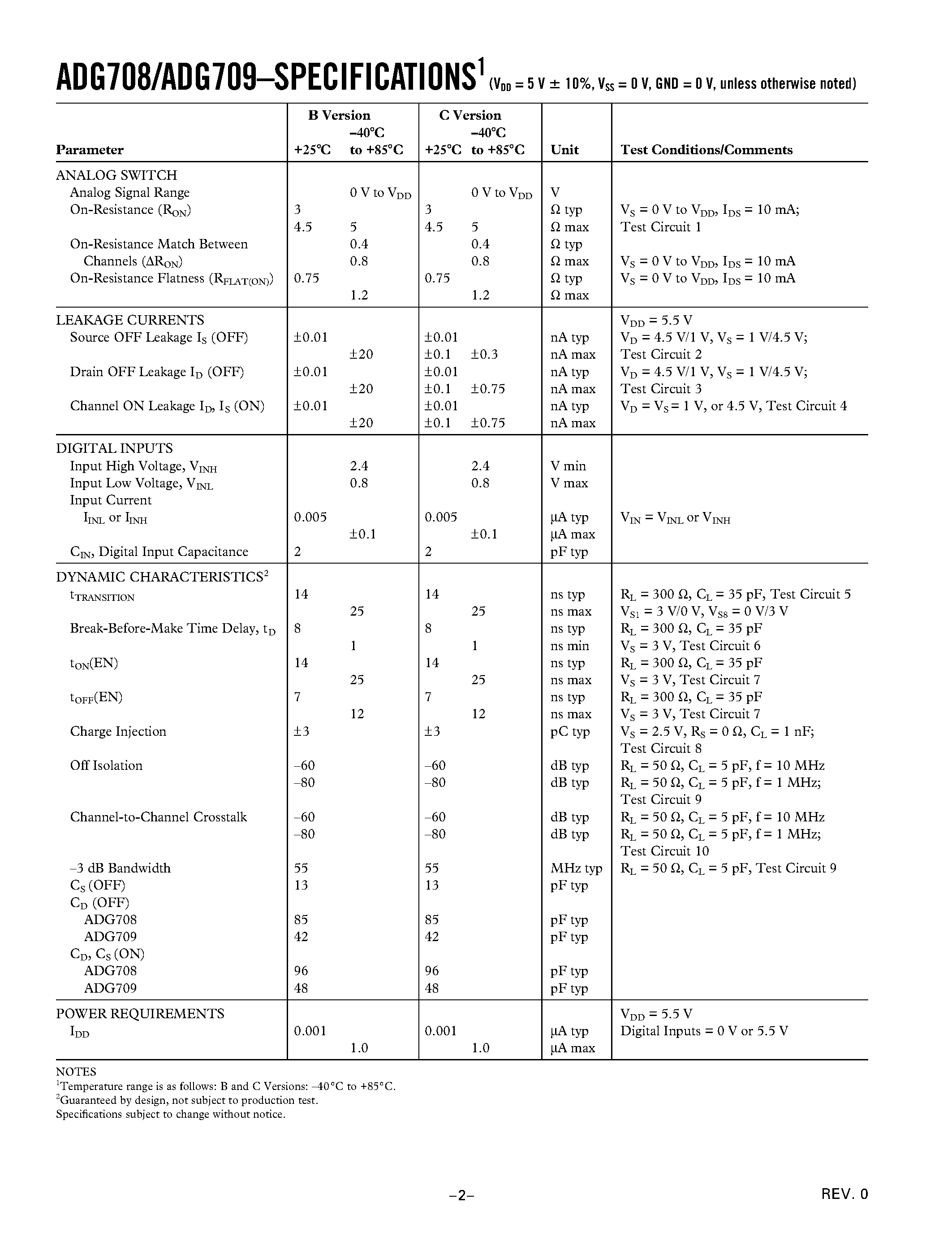 Datasheet ADG708CRU - CMOS/ 3 ohm Low Voltage 4-/8-Channel Multiplexers page 2
