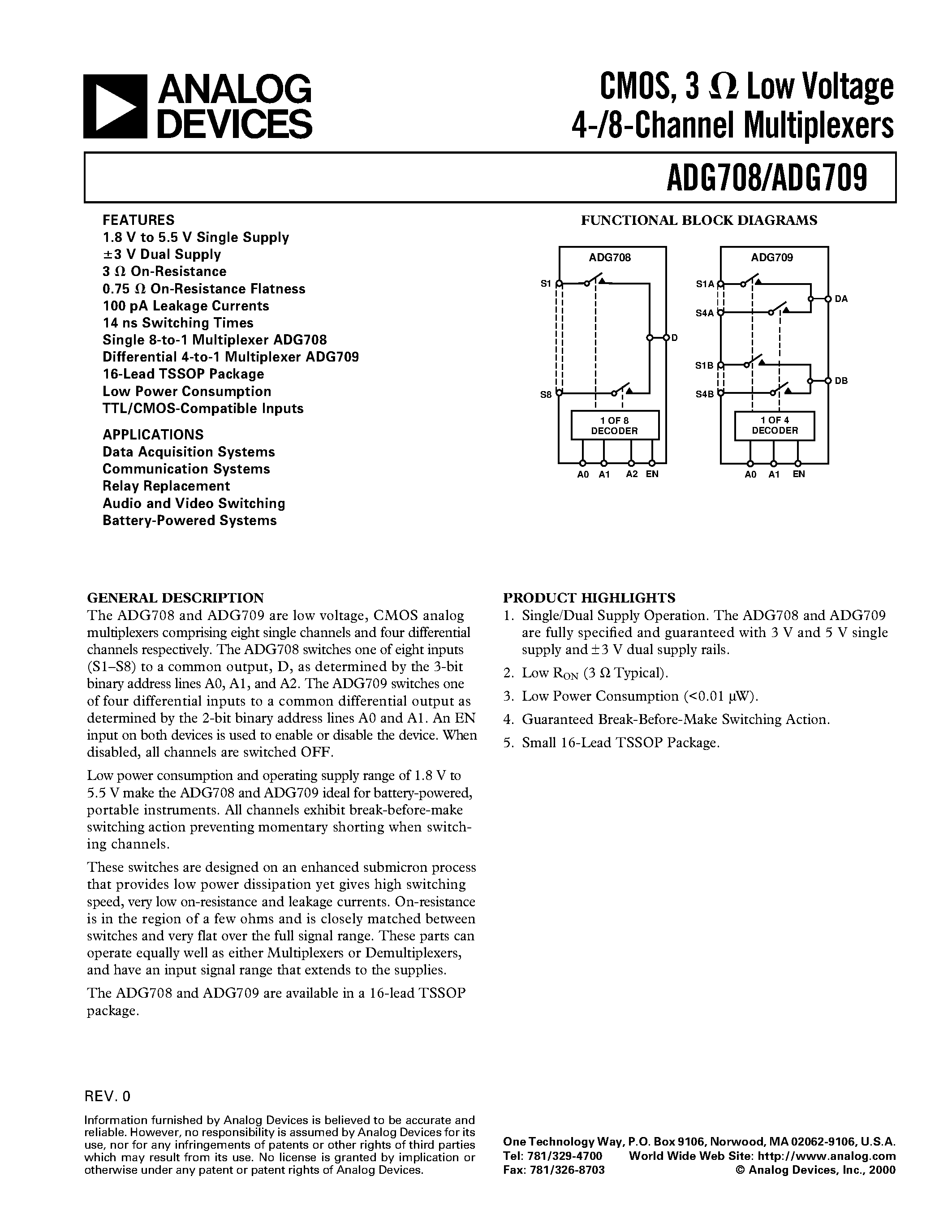 Datasheet ADG709 - CMOS/ 3 ohm Low Voltage 4-/8-Channel Multiplexers page 1