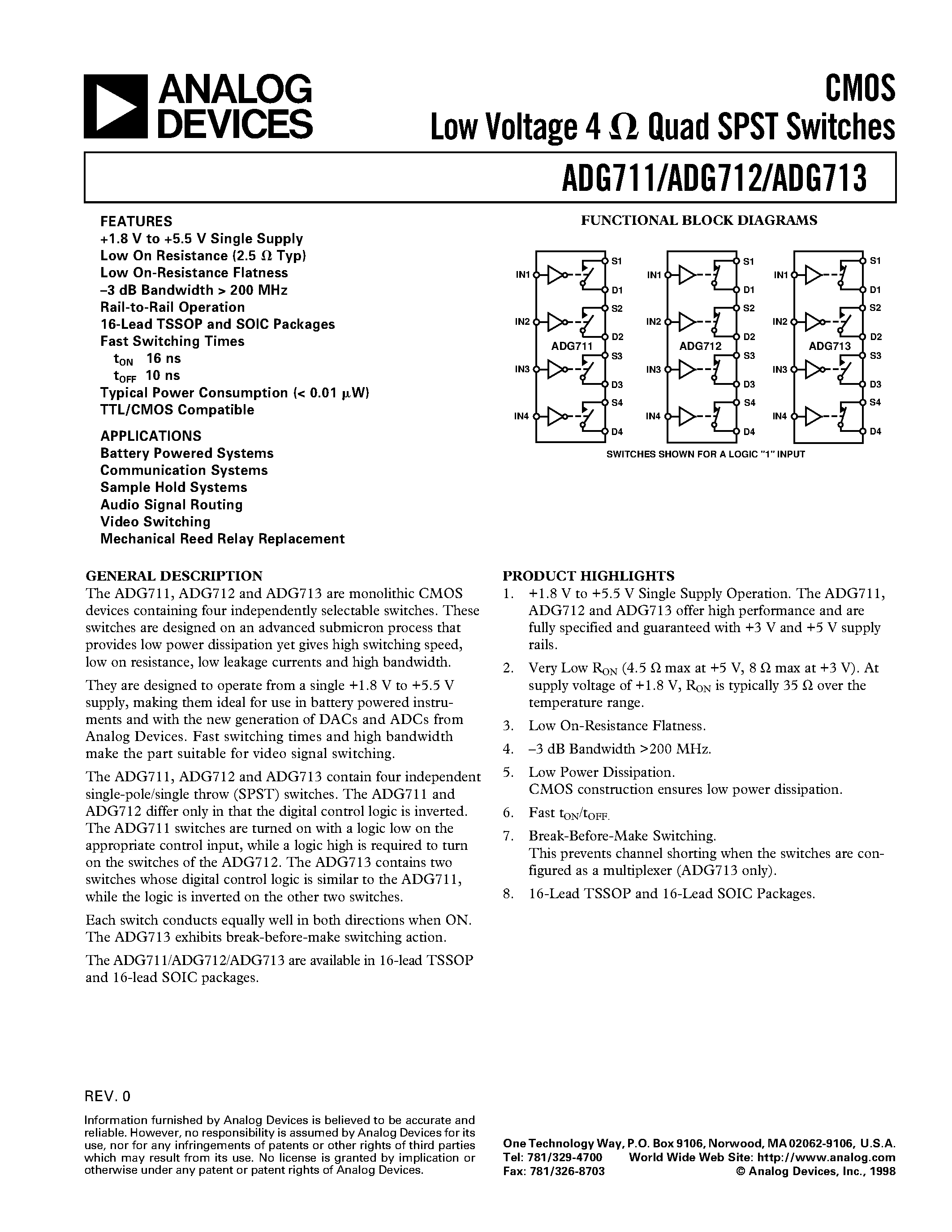 Datasheet ADG712BRU - CMOS Low Voltage 4 ohm Quad SPST Switches page 1