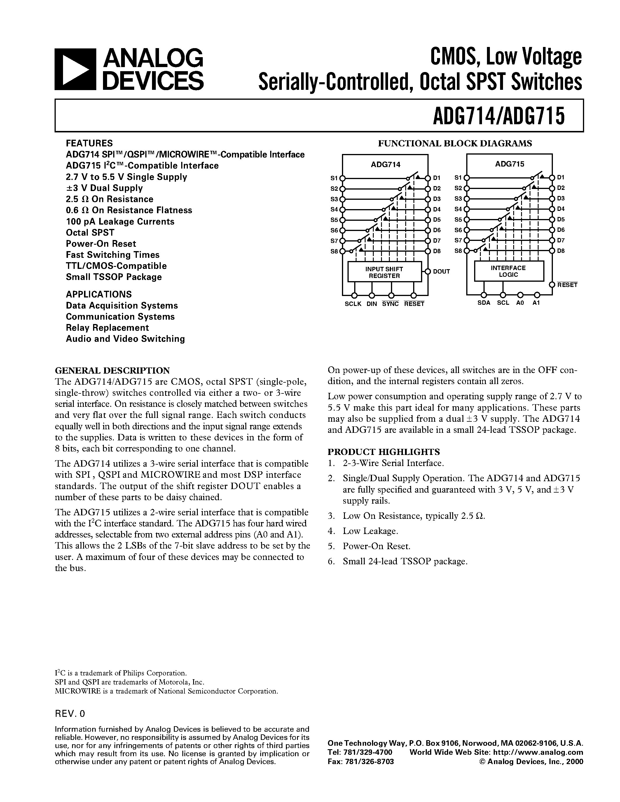 Datasheet ADG714BRU - CMOS/ Low Voltage Serially-Controlled/ Octal SPST Switches page 1