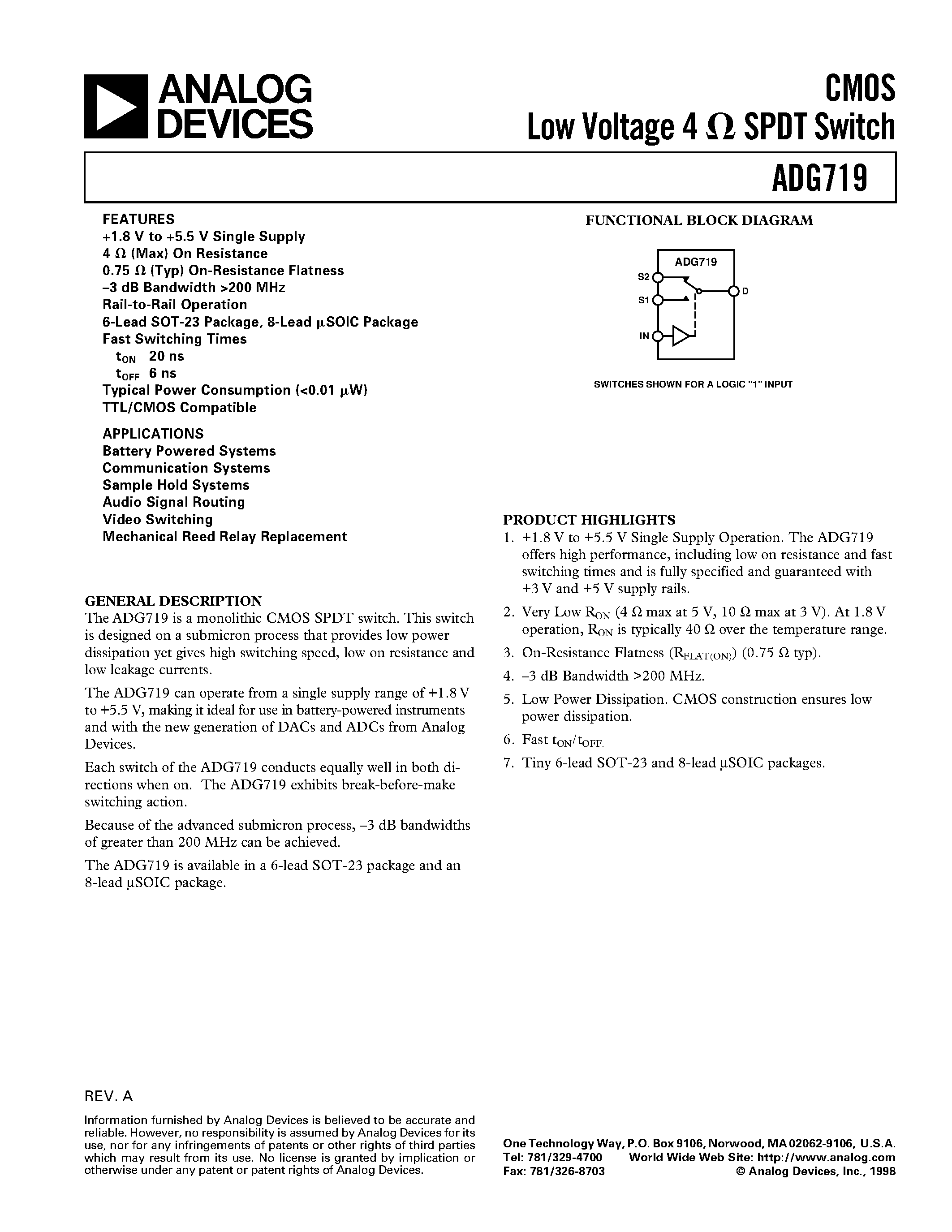 Datasheet ADG719BRT - CMOS Low Voltage 4 ohm SPDT Switch page 1
