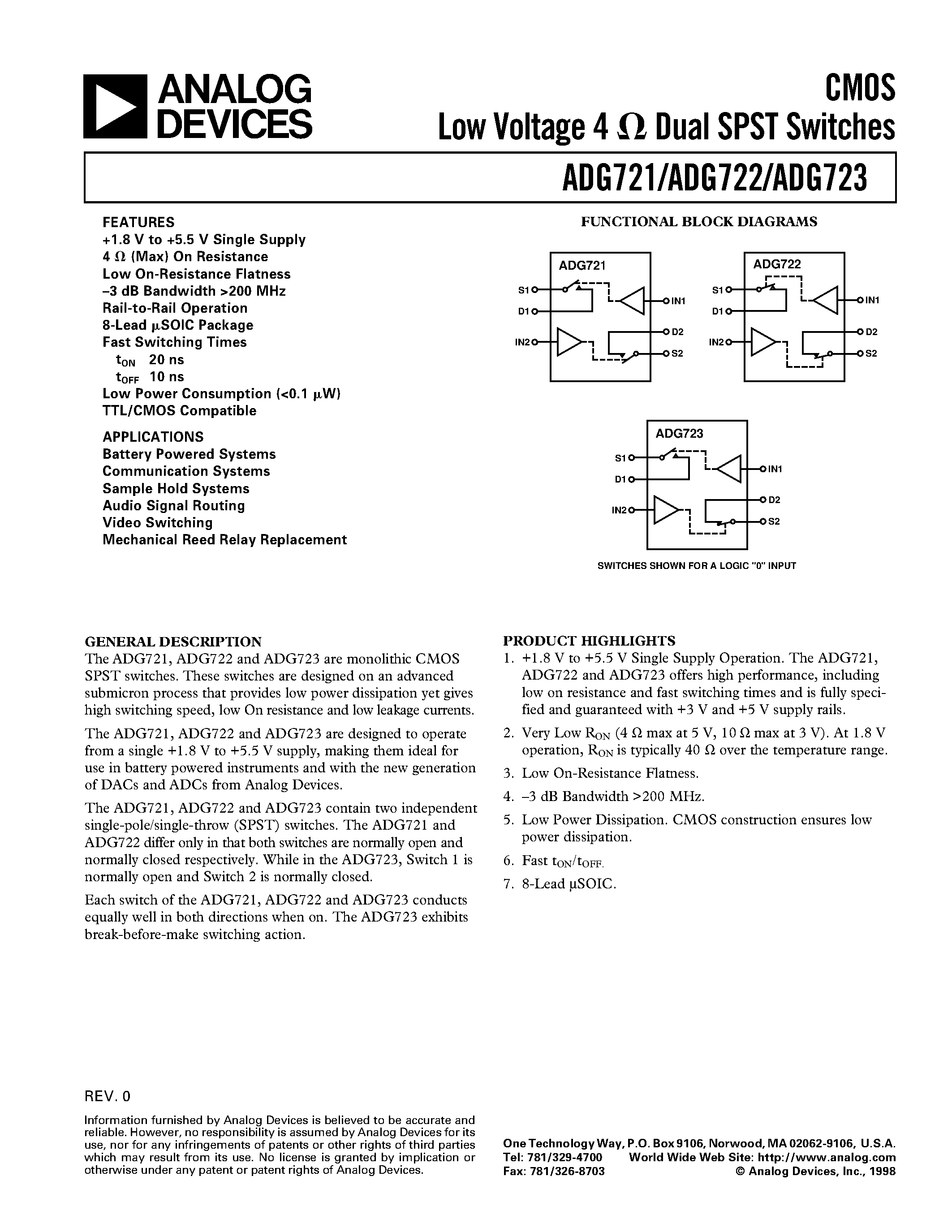 Datasheet ADG722 - CMOS Low Voltage 4 ohm Dual SPST Switches page 1
