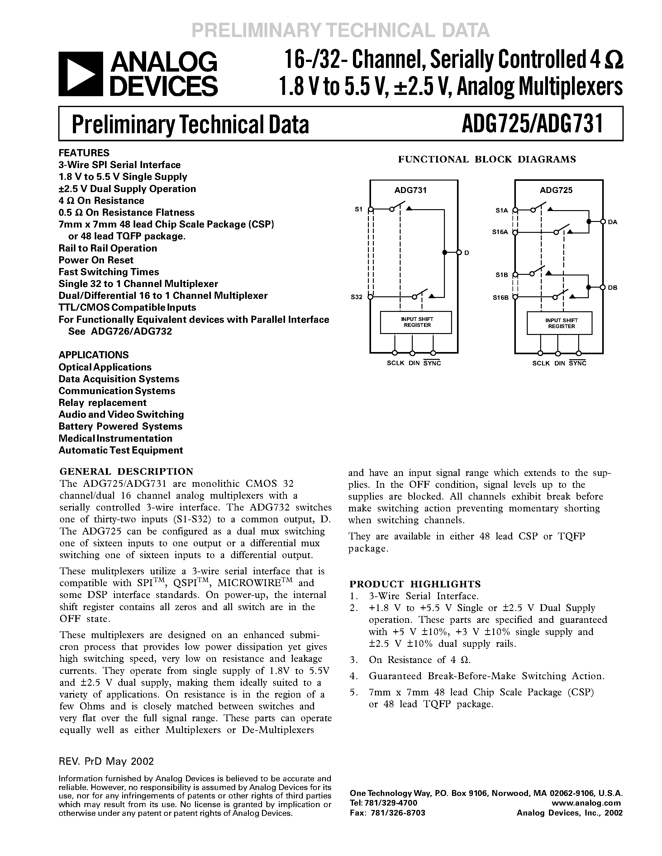 Datasheet ADG725BCP - 16-/32- Channel/ Serially Controlled 4 1.8 V to 5.5 V/ 2.5 V/ Analog Multiplexers page 1