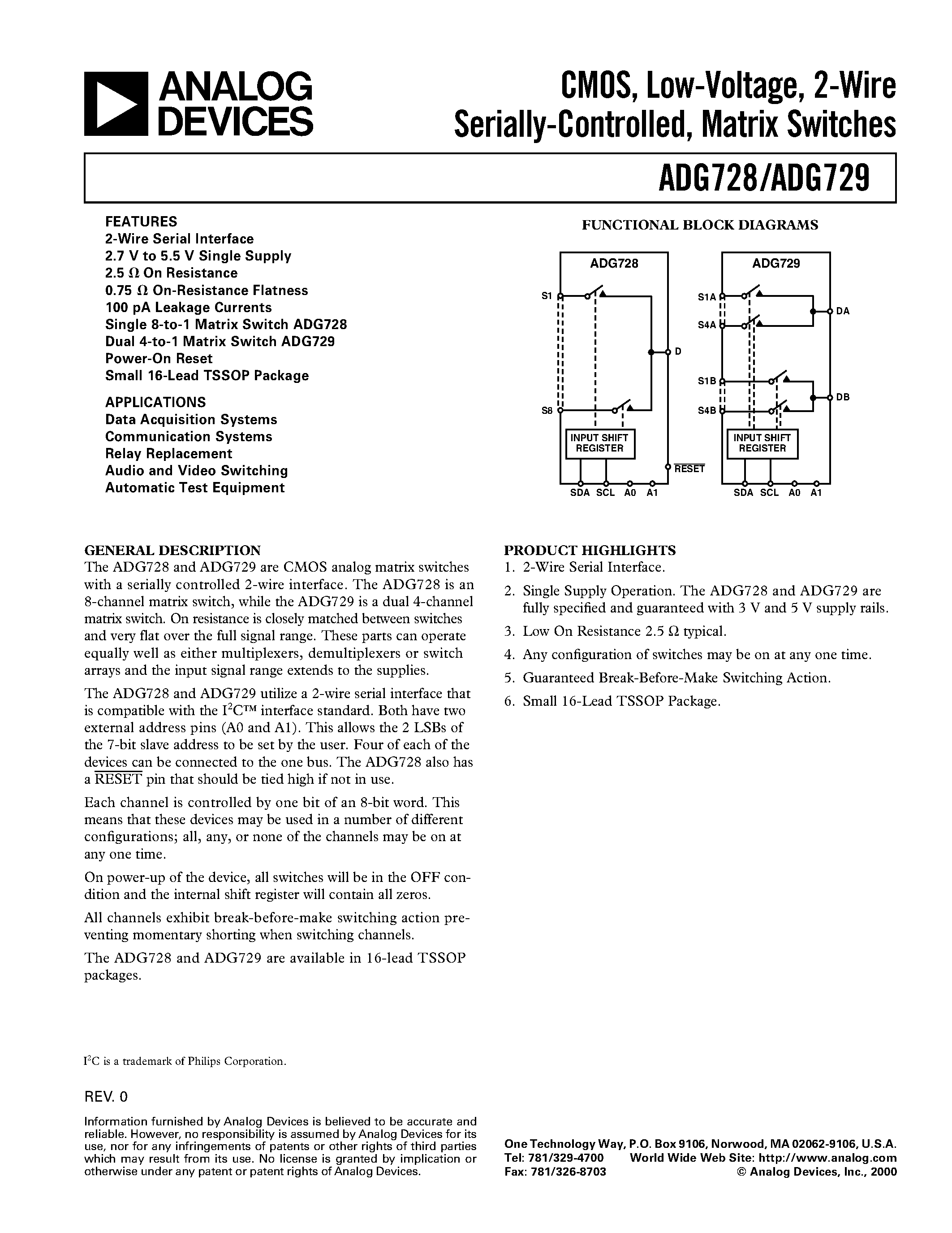 Даташит на микросхему ADG728 страница 1 Даташит ADG728 - CMOS/ Low-Voltage/ 2-Wire Serially-Controlled/ Matrix Switches страница 1