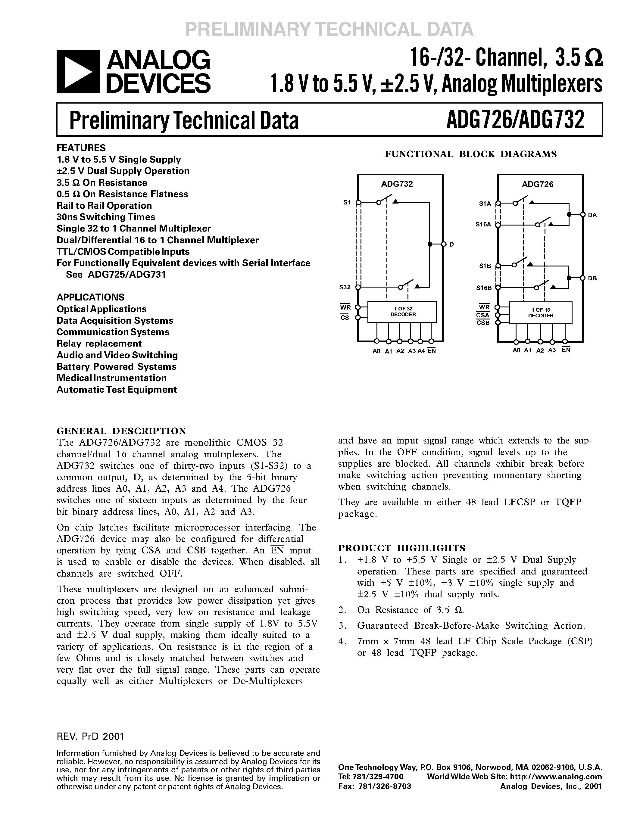 Datasheet ADG732 - 16-/32- Channel/ 3.5 1.8 V to 5.5 V/ 2.5 V/ Analog Multiplexers page 1