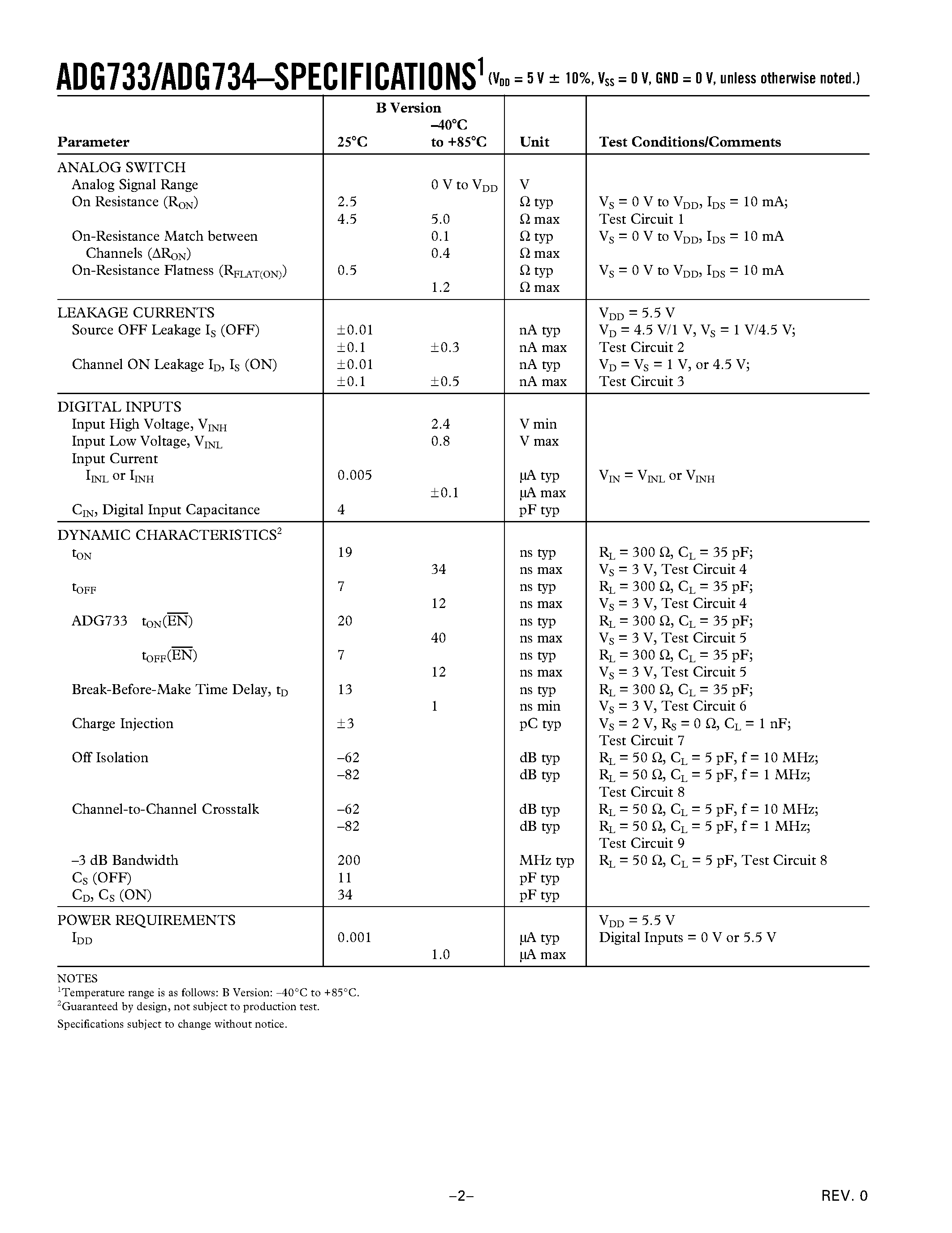 Datasheet ADG733 - CMOS/ 2.5 ohm Low Voltage/ Triple/Quad SPDT Switches page 2