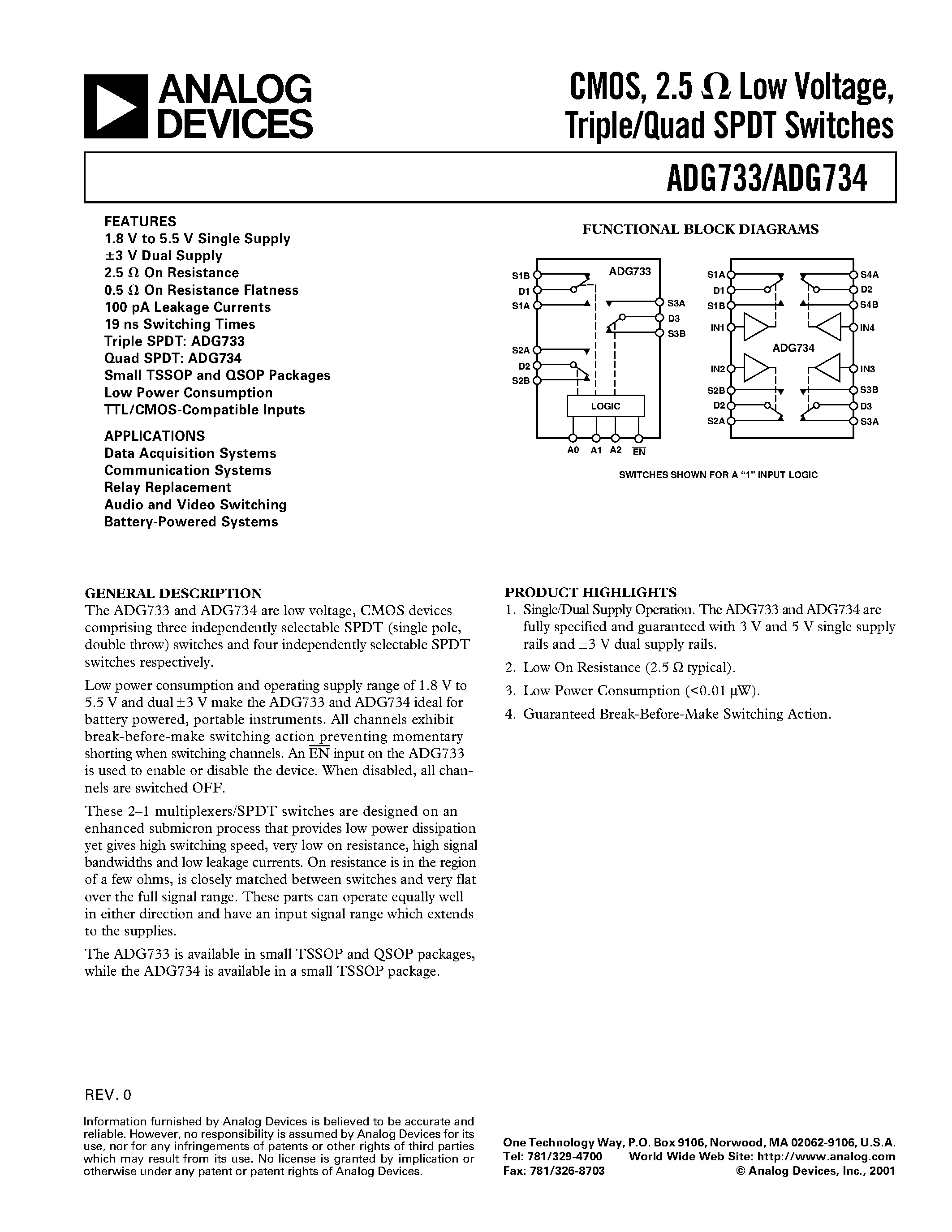 Datasheet ADG734BRU - CMOS/ 2.5 ohm Low Voltage/ Triple/Quad SPDT Switches page 1