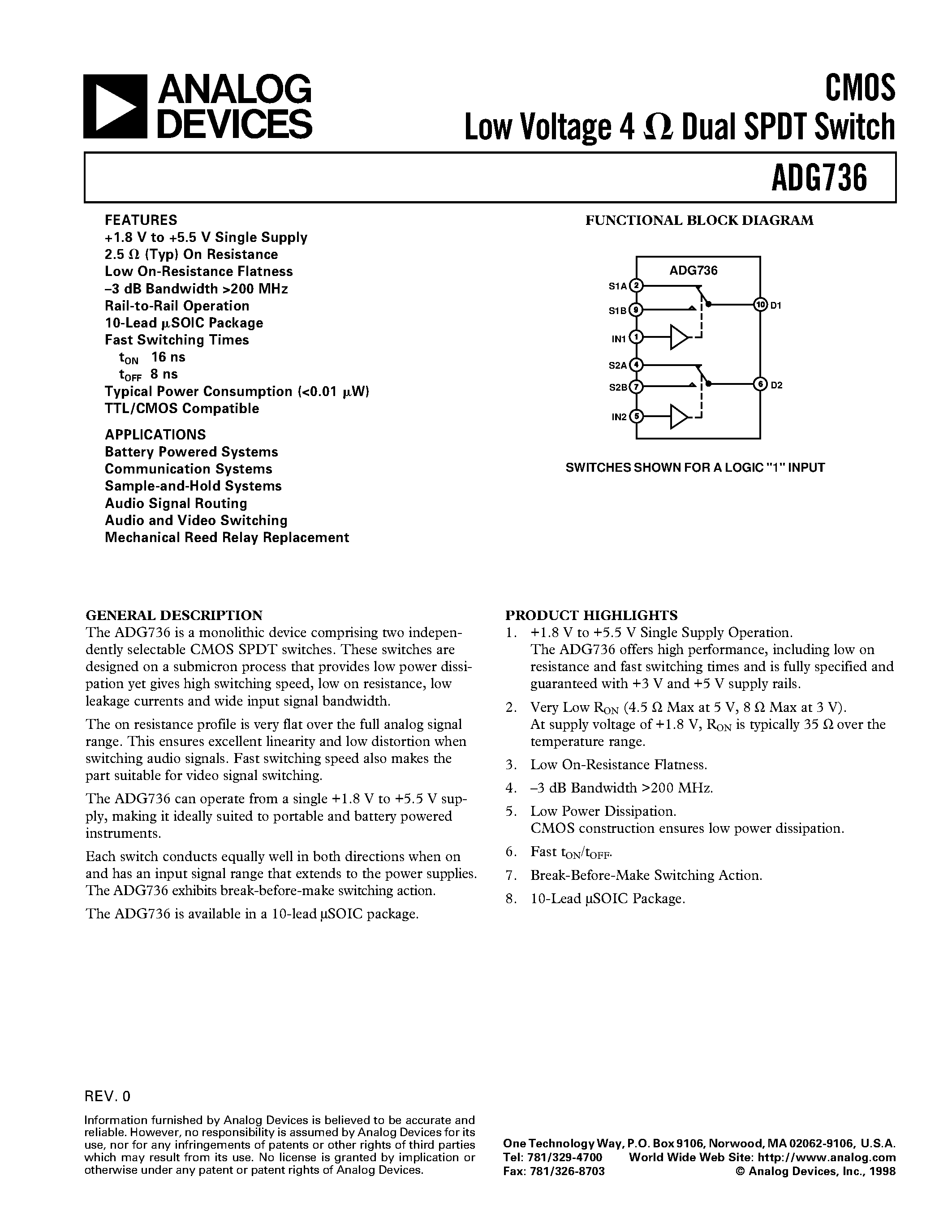 Datasheet ADG736BRM - CMOS Low Voltage 4 ohm Dual SPDT Switch page 1