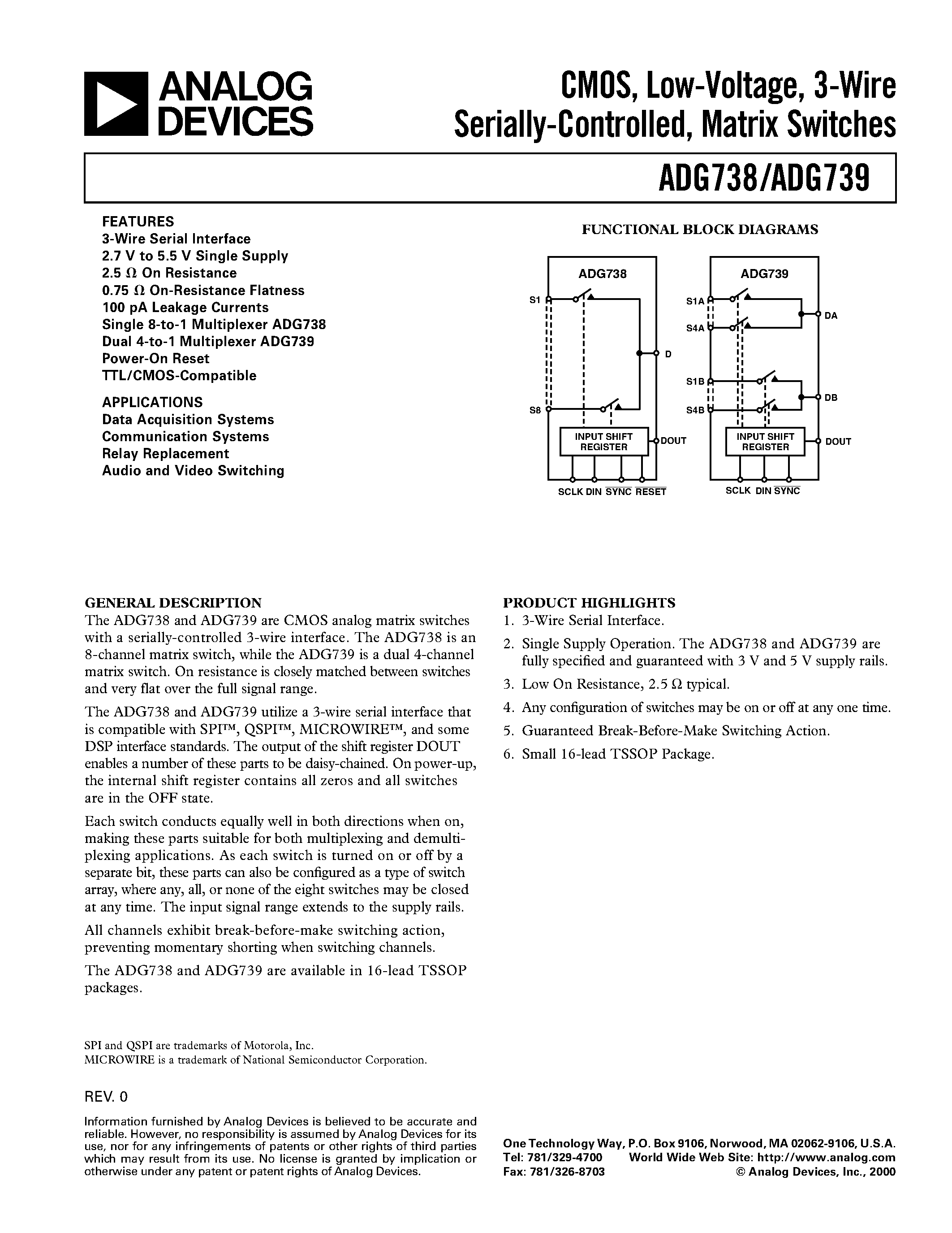 Datasheet ADG738BRU - CMOS/ Low-Voltage/ 3-Wire Serially-Controlled/ Matrix Switches page 1