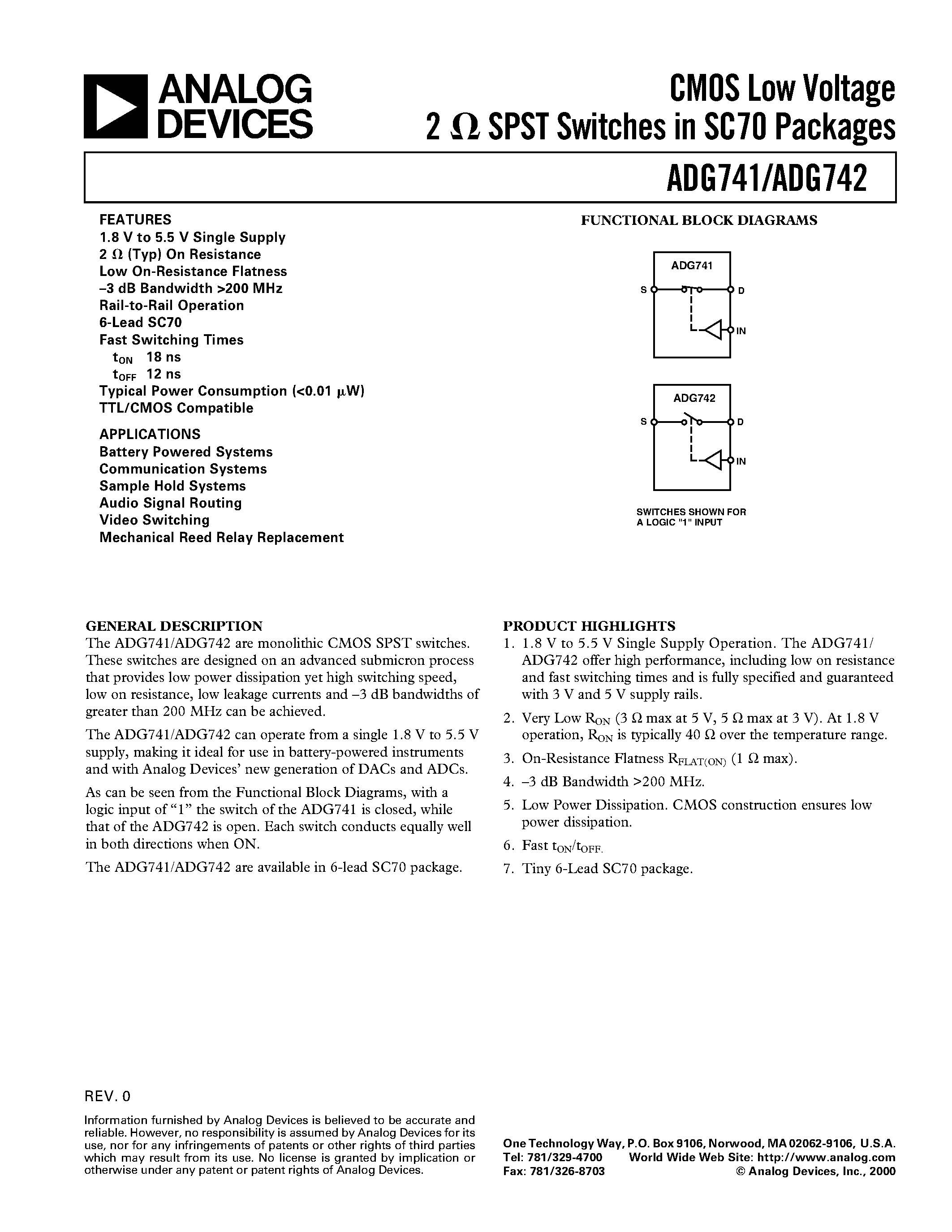Datasheet ADG741BKS - CMOS Low Voltage 2ohm SPST Switches in SC70 Packages page 1