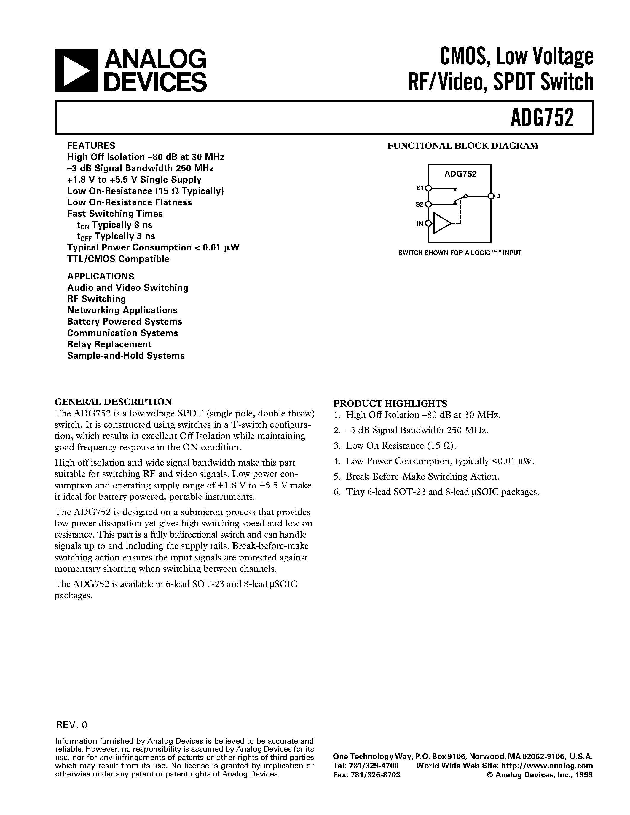 Даташит на микросхему ADG752 страница 1 Даташит ADG752 - CMOS/ Low Voltage RF/Video/ SPDT Switch страница 1