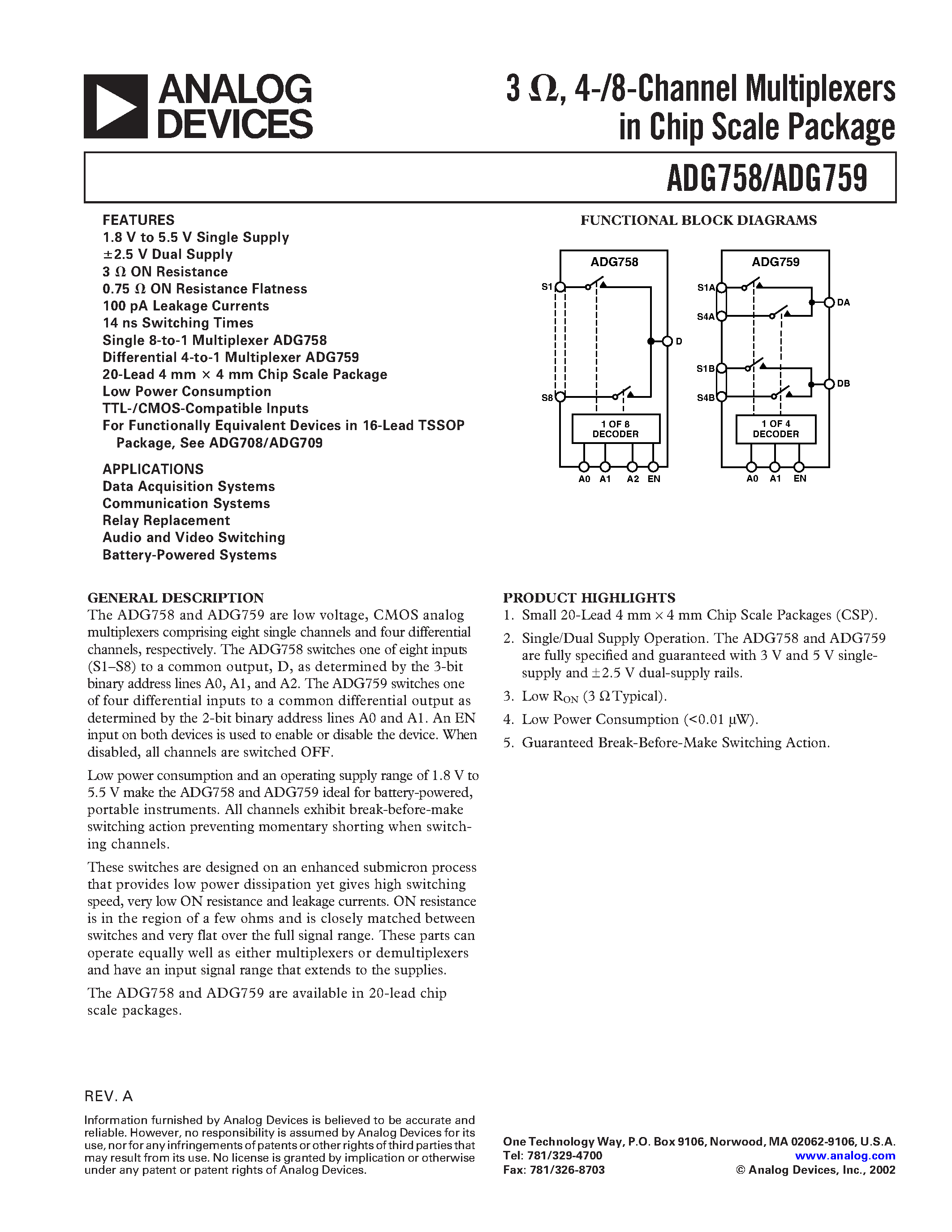 Datasheet ADG758 - 3 ohm/ 4-/8-Channel Multiplexers in Chip Scale Package page 1