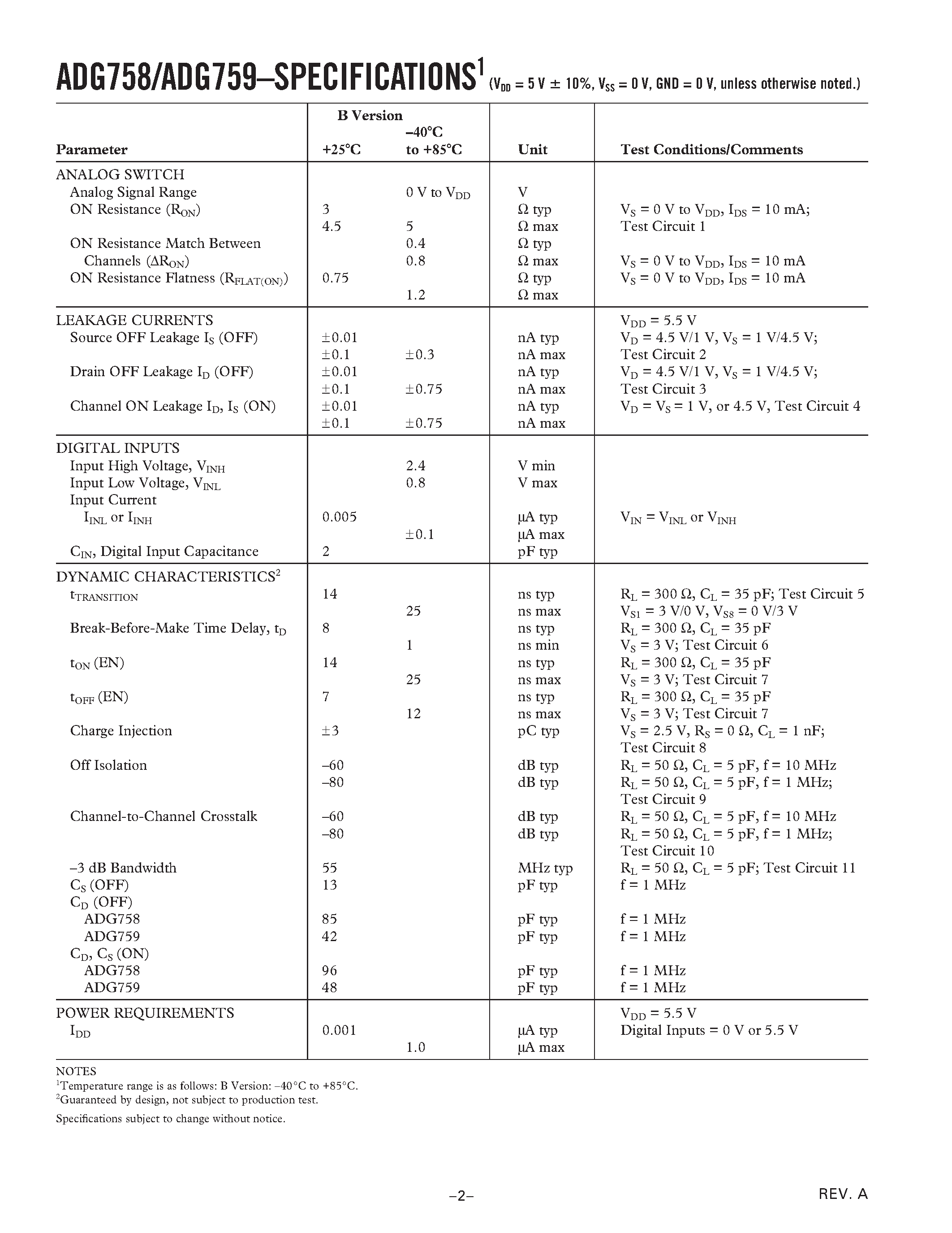Datasheet ADG759 - 3 ohm/ 4-/8-Channel Multiplexers in Chip Scale Package page 2