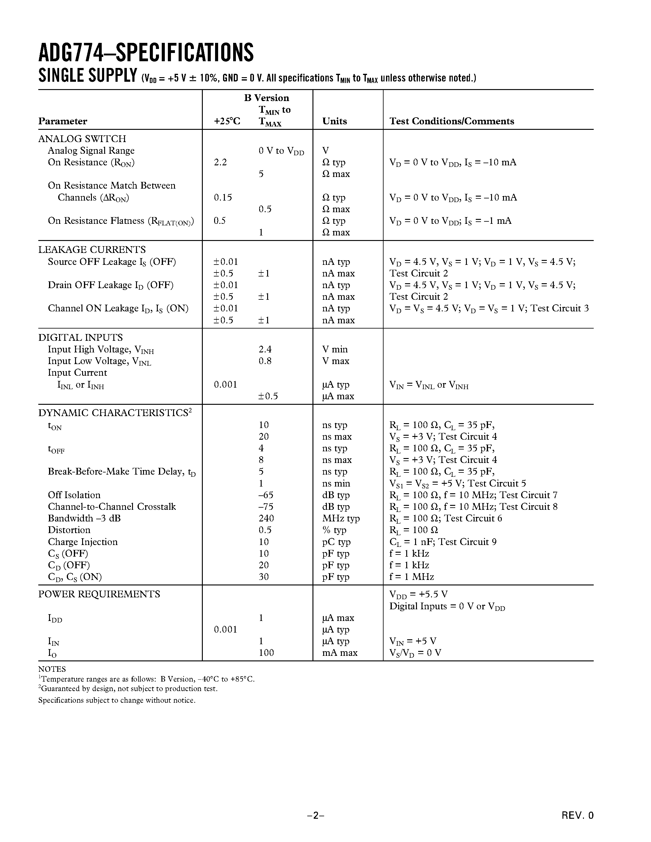 Datasheet ADG774 - CMOS 3 V/5 V/ Wide Bandwidth Quad 2:1 Mux page 2