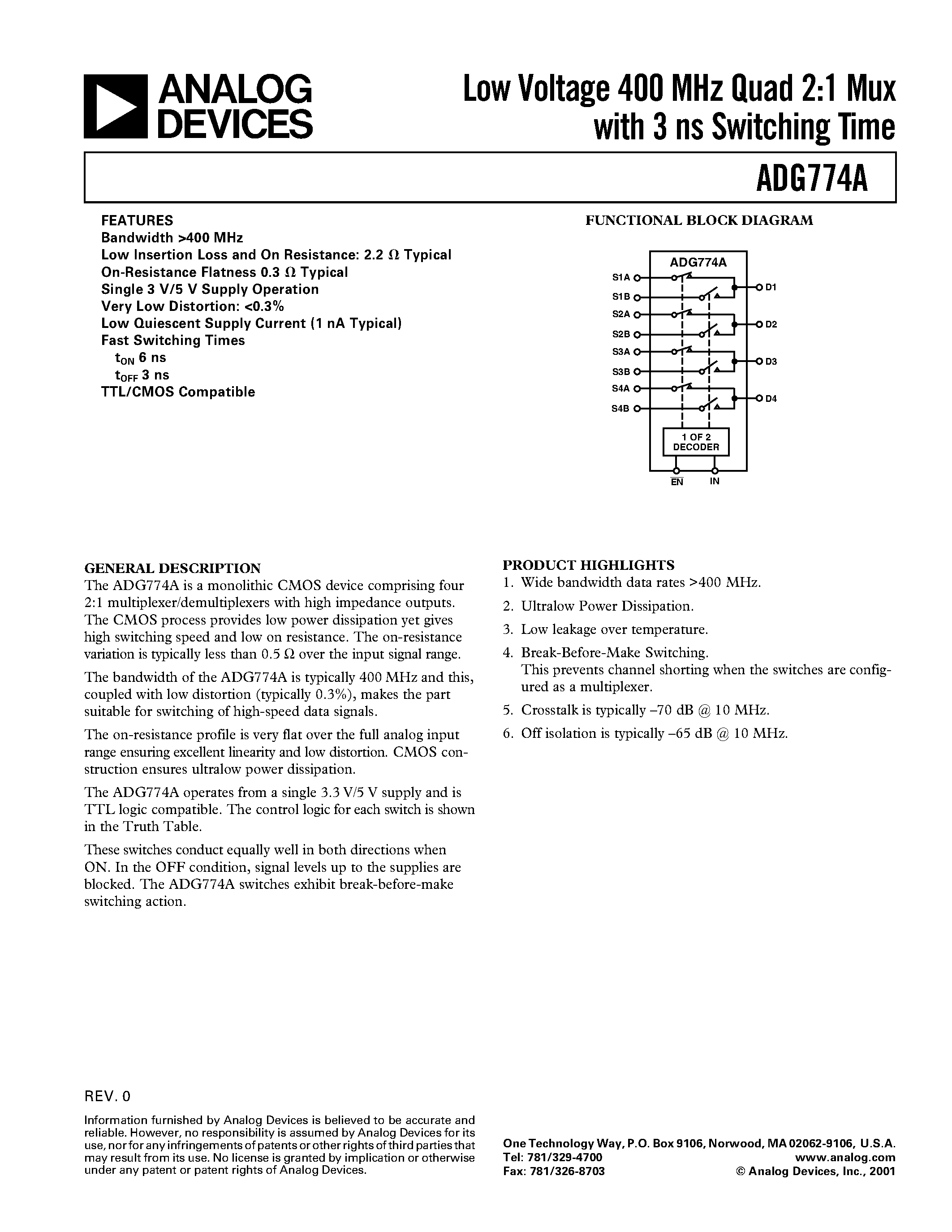 Datasheet ADG774A - Low Voltage 400 MHz Quad 2:1 Mux with 3 ns Switching Time page 1