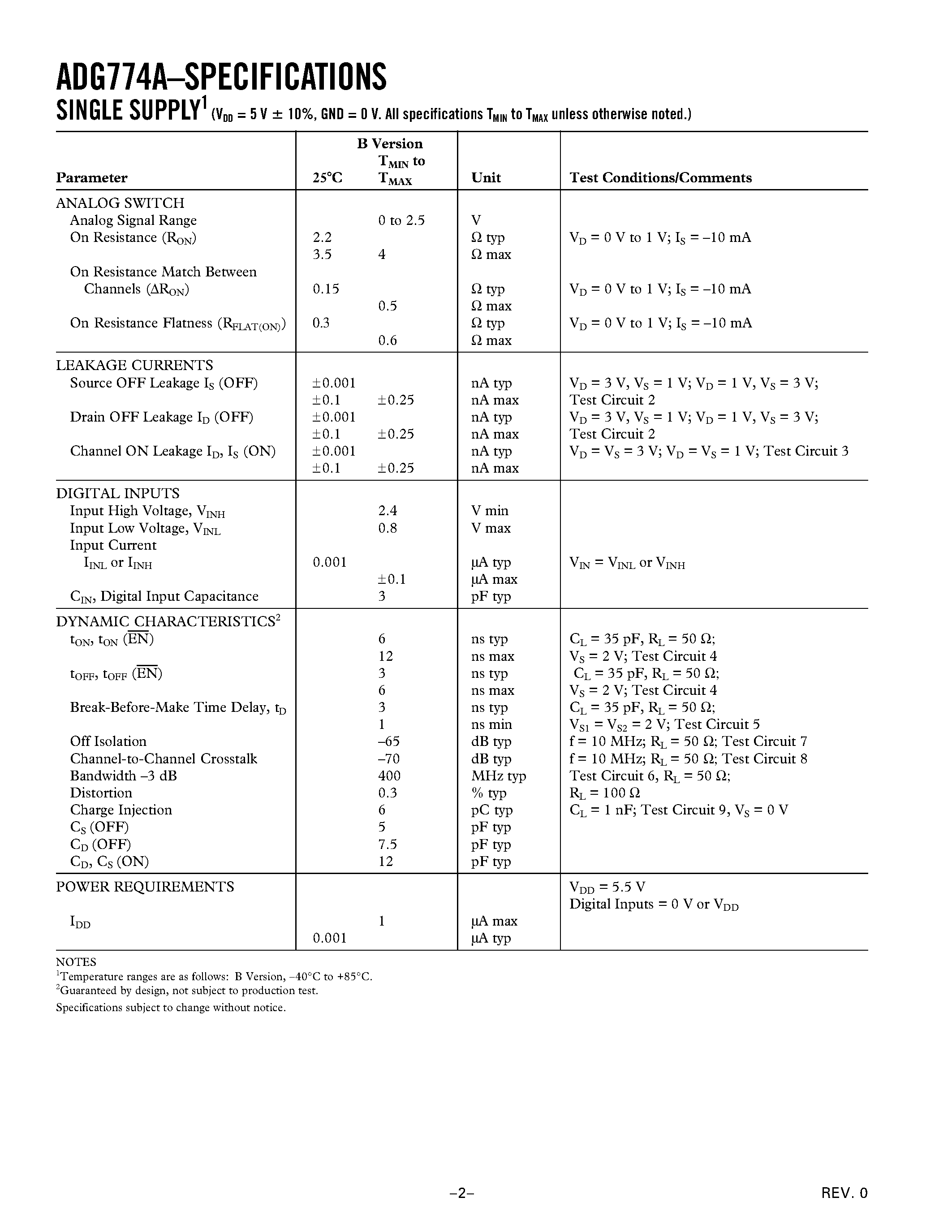 Datasheet ADG774ABRQ page 2 Datasheet ADG774ABRQ - Low Voltage 400 MHz Quad 2:1 Mux with 3 ns Switching Time page 2
