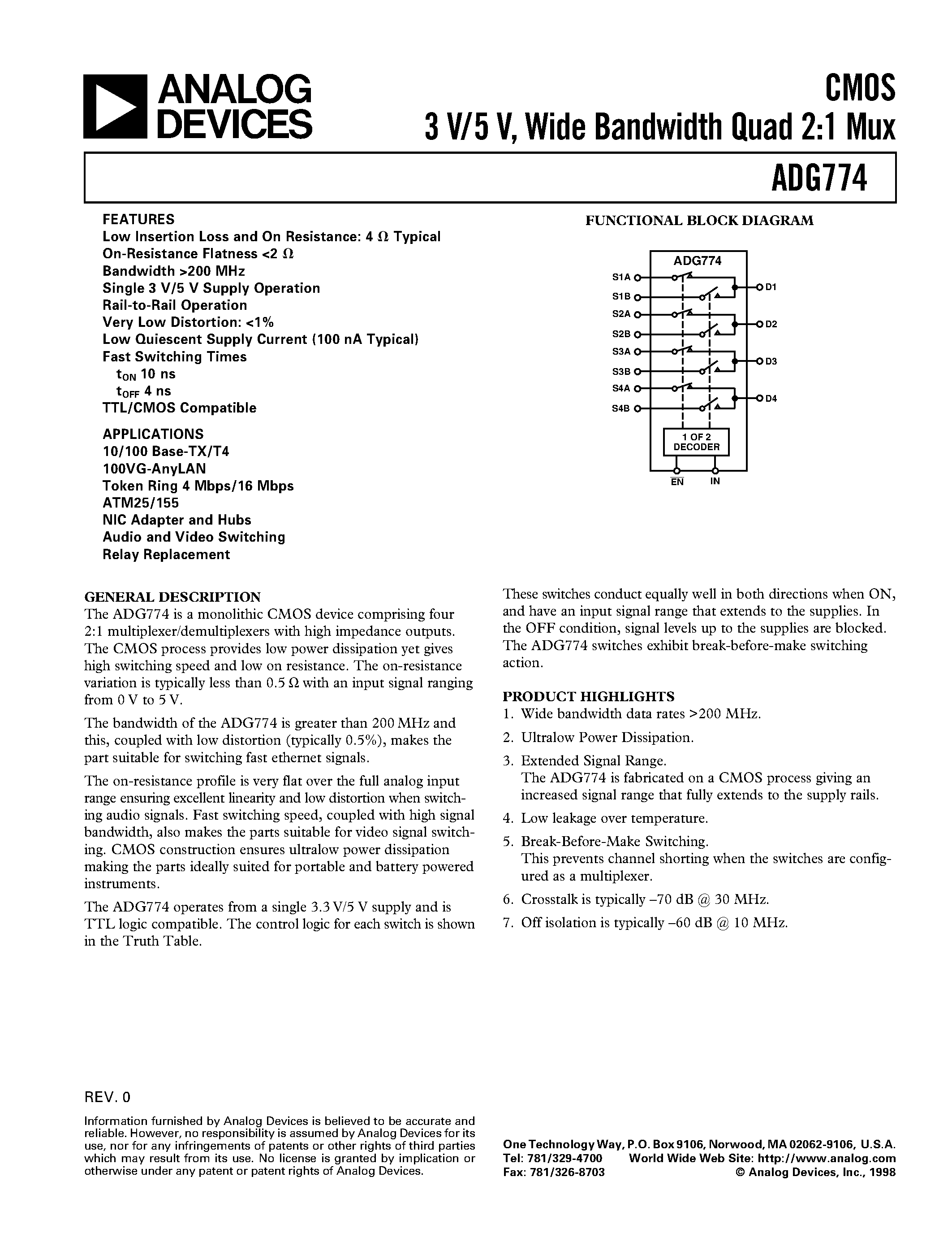 Datasheet ADG774BR - CMOS 3 V/5 V/ Wide Bandwidth Quad 2:1 Mux page 1