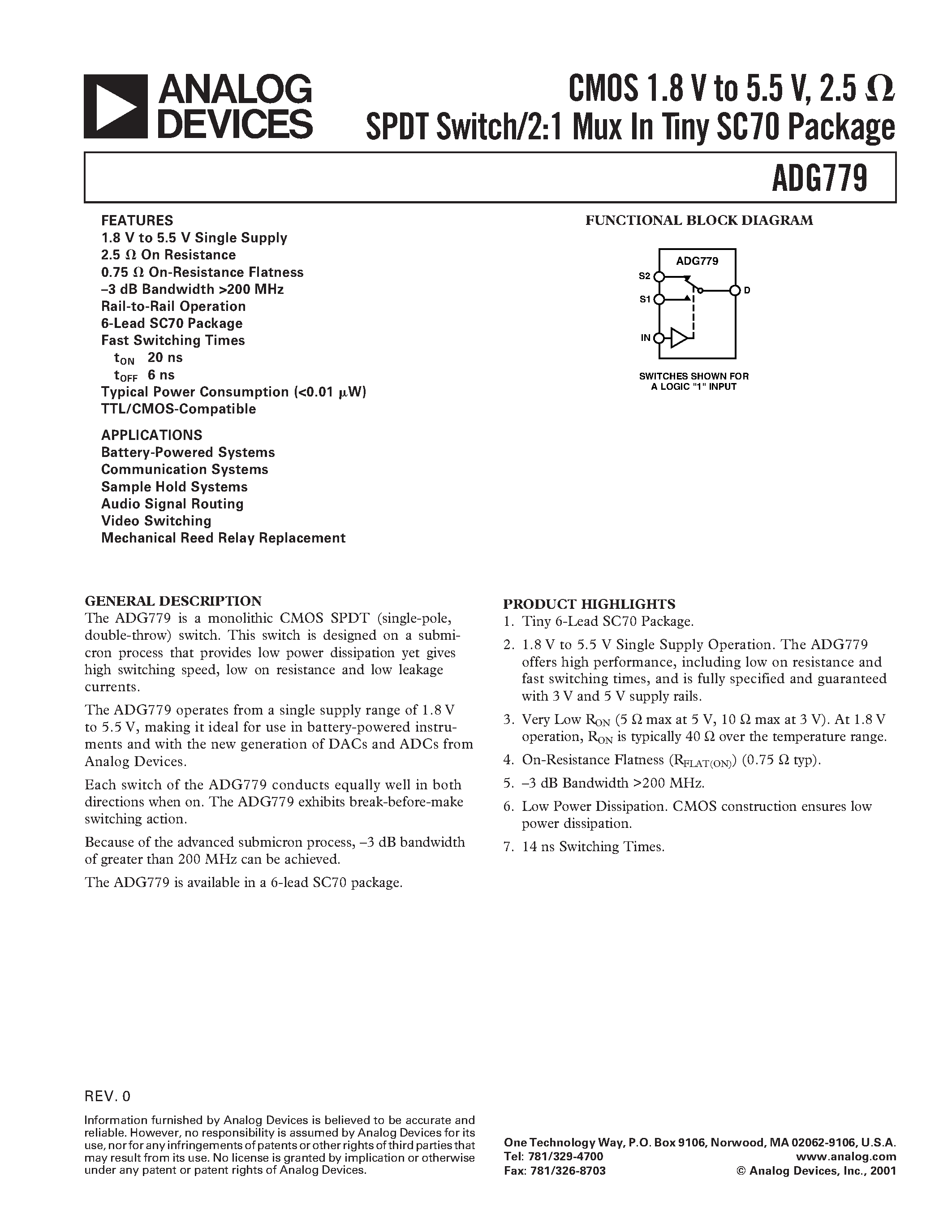Datasheet ADG779BKS - CMOS 1.8 V to 5.5 V/ 2.5 ohm SPDT Switch/2:1 Mux In Tiny SC70 Package page 1