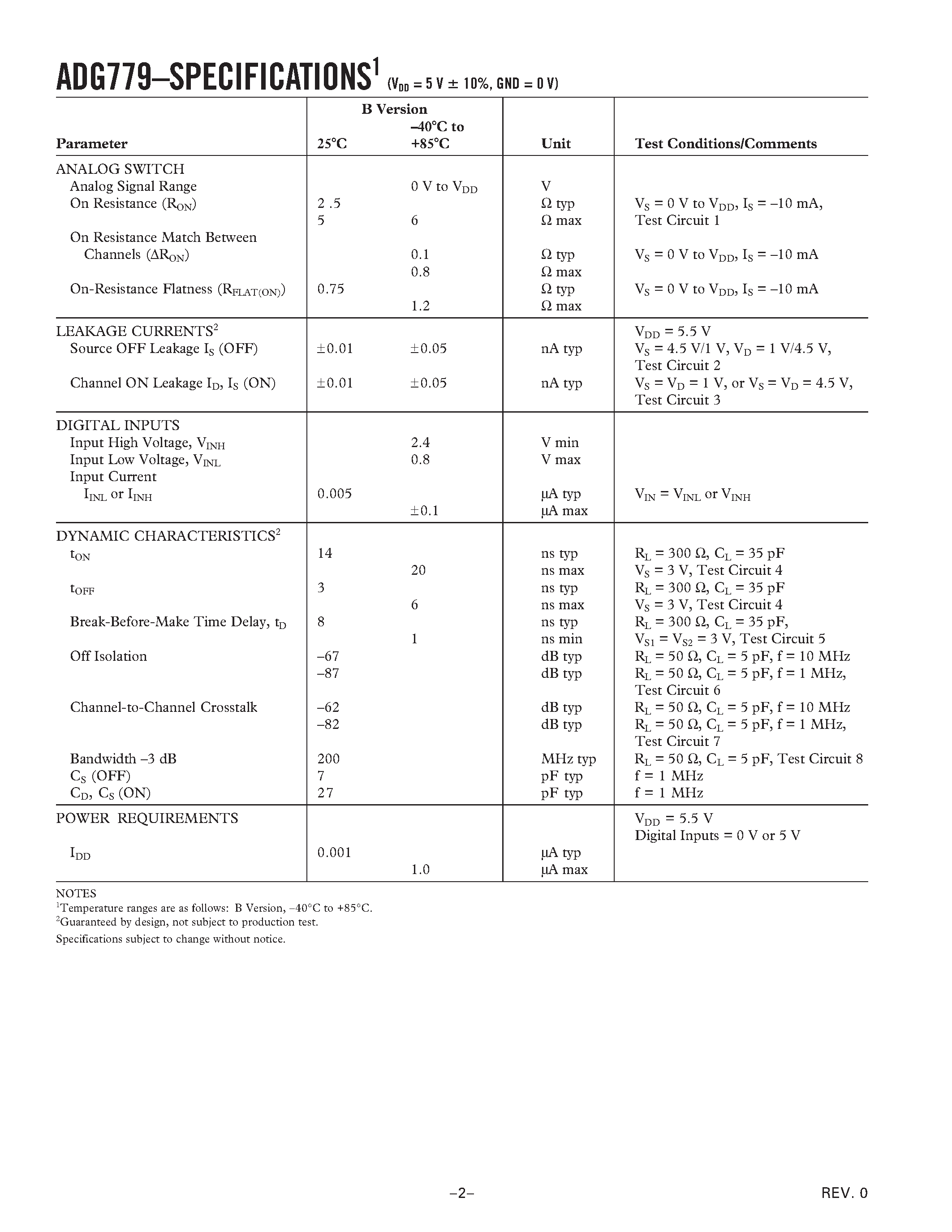 Datasheet ADG779BKS - CMOS 1.8 V to 5.5 V/ 2.5 ohm SPDT Switch/2:1 Mux In Tiny SC70 Package page 2