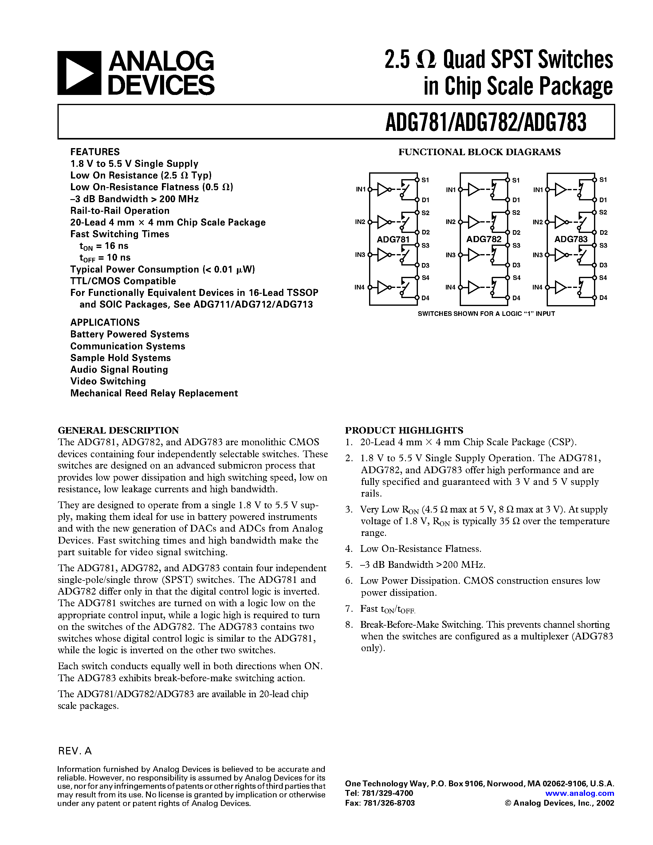 Даташит ADG783 - 2.5 ohm Quad SPST Switches in Chip Scale Package страница 1