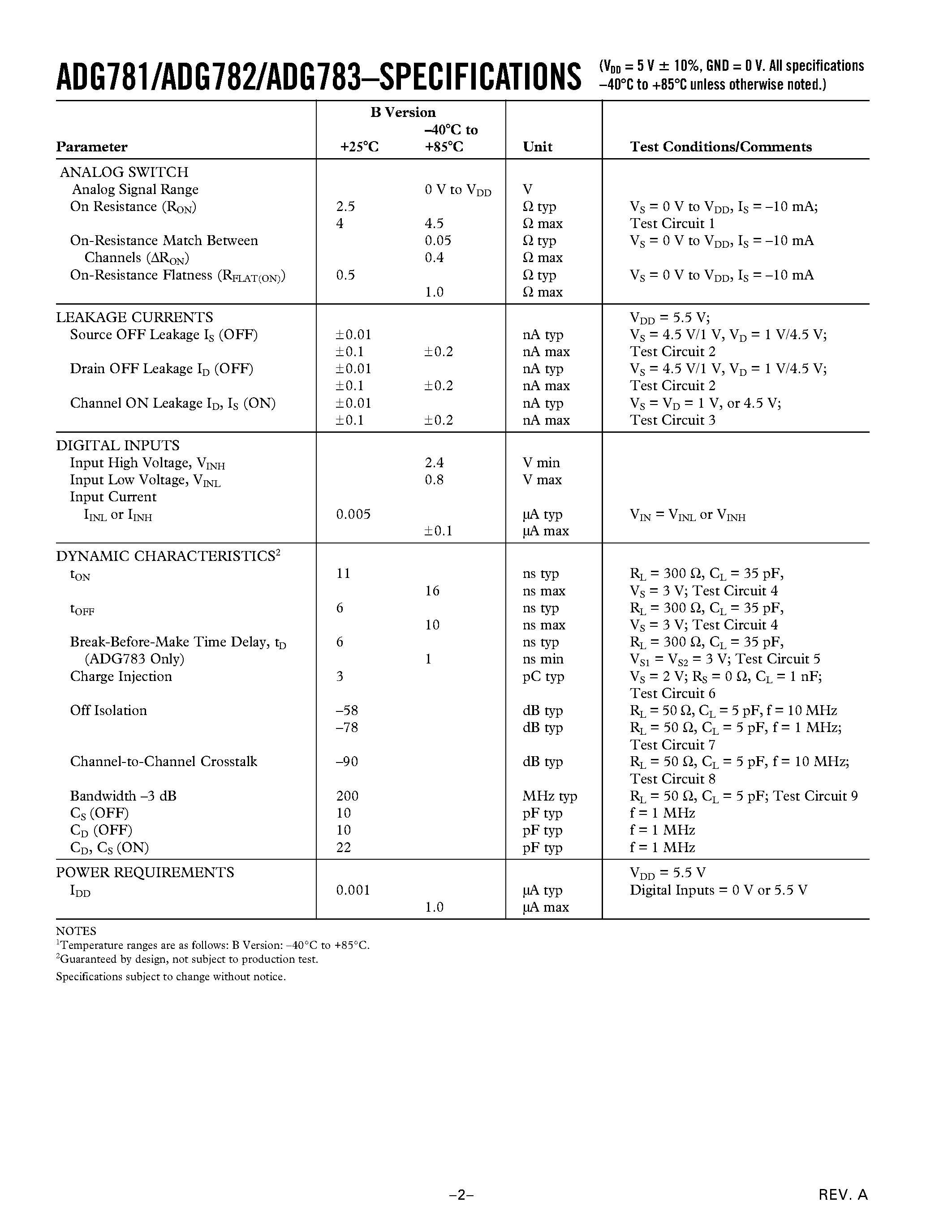 Datasheet ADG783BCP - 2.5 ohm Quad SPST Switches in Chip Scale Package page 2