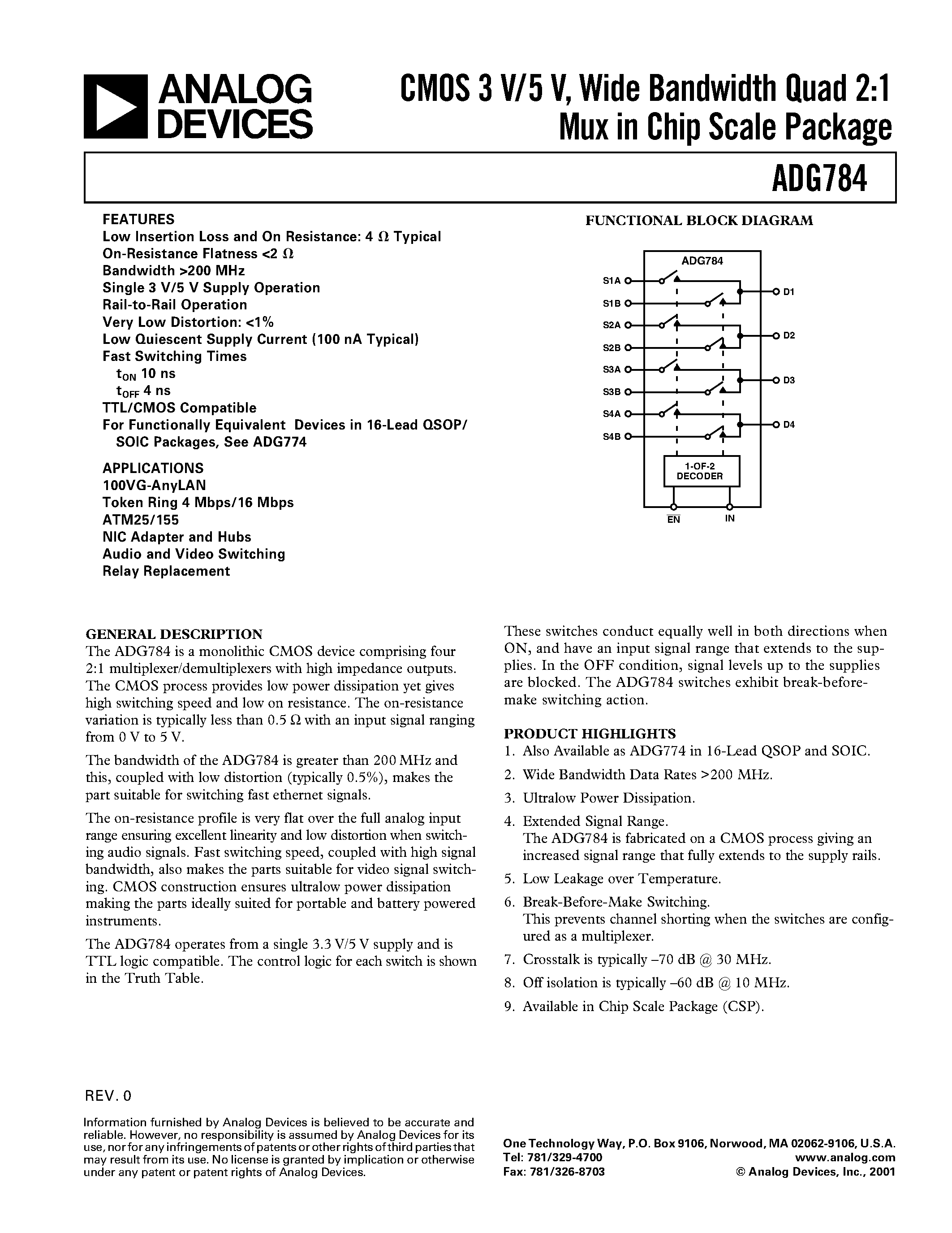 Datasheet ADG784 - CMOS 3 V/5 V/ Wide Bandwidth Quad 2:1 Mux in Chip Scale Package page 1