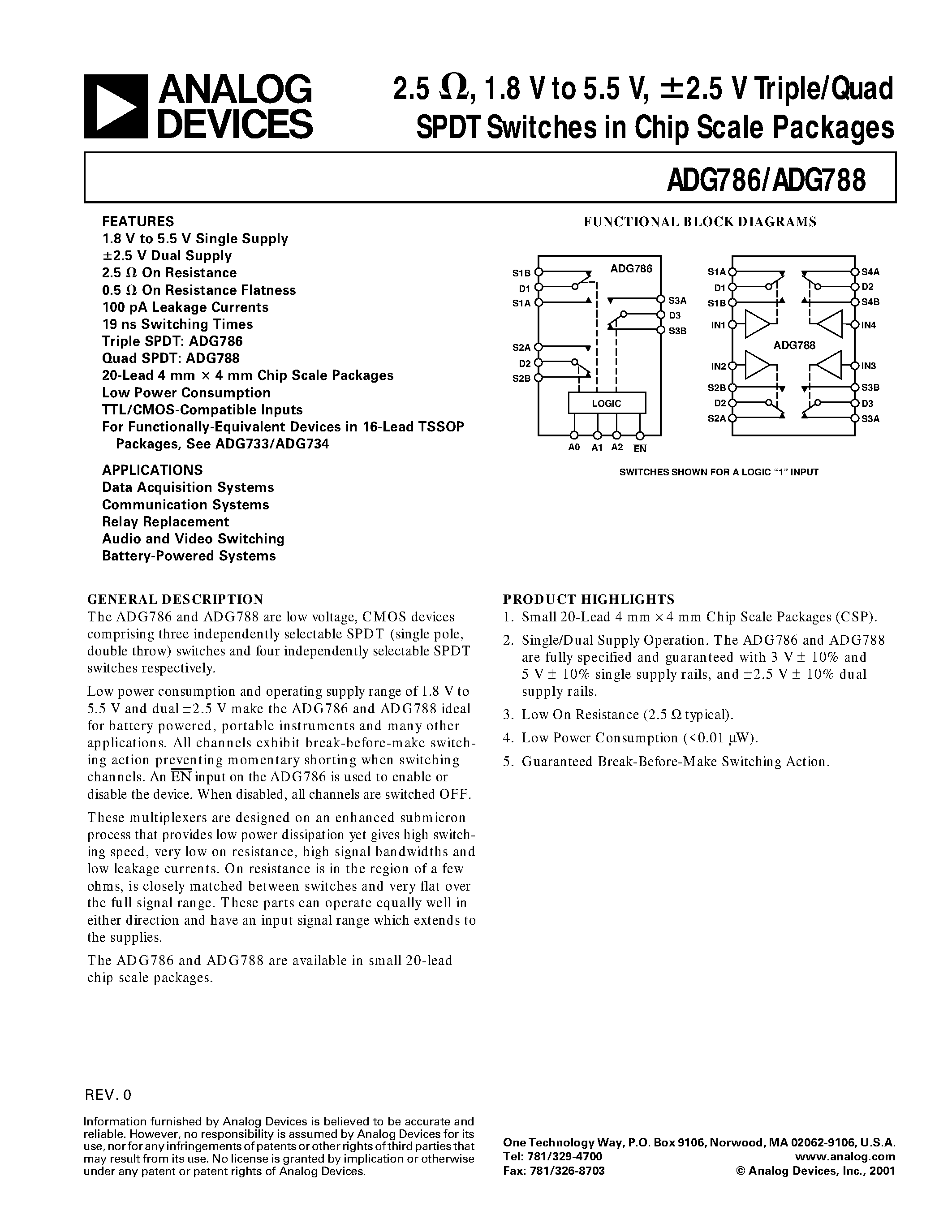 Datasheet ADG786 - 2.5ohm/ 1.8V to 5.5V/ +-2.5 V Triple/Quad SPDT Switches in Chip Scale Packages page 1