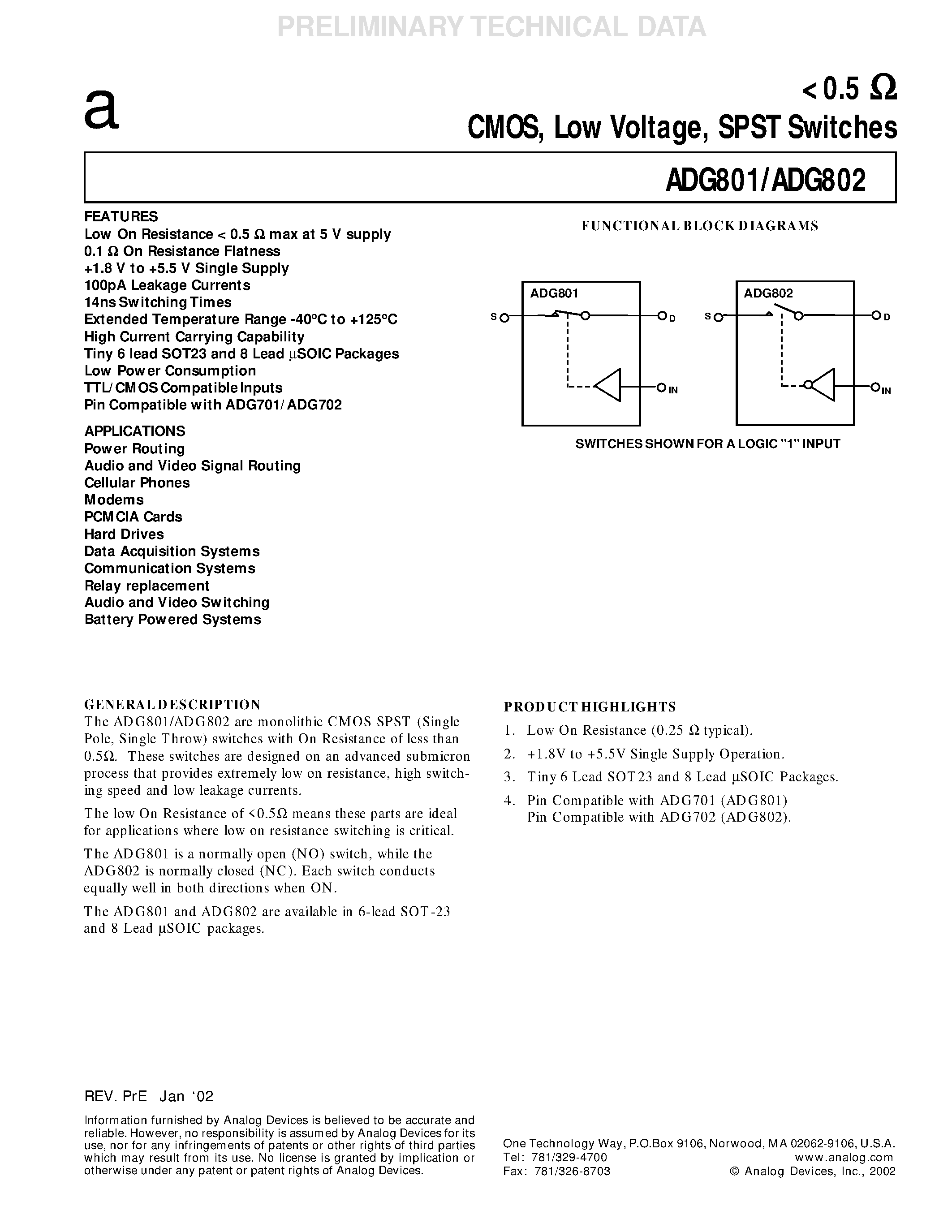 Datasheet ADG802BRT - <0.5 ohm CMOS/ Low Voltage/ SPST Switches page 1