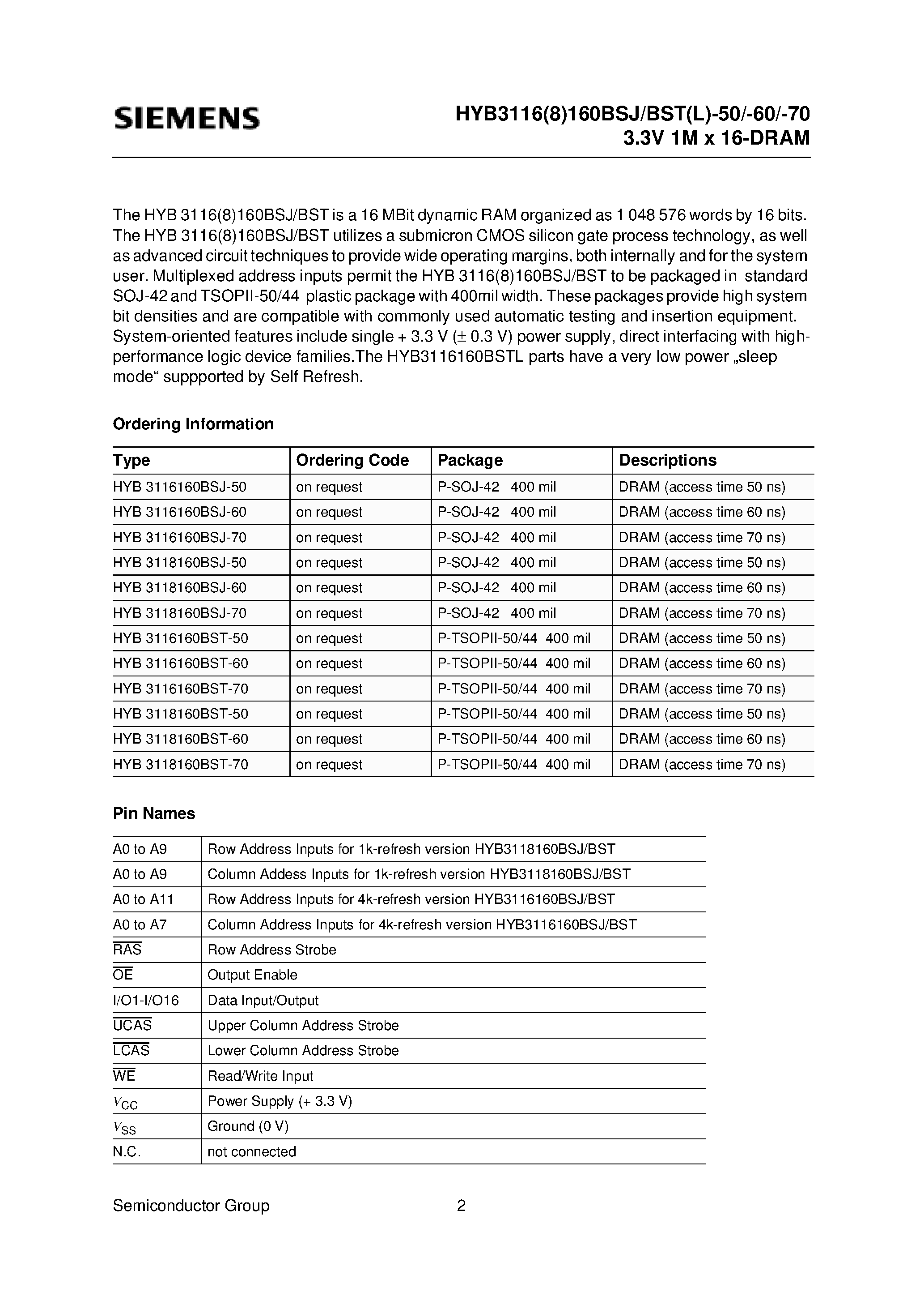 Даташит на микросхему HYB3116160BSJ-70 страница 2 Даташит HYB3116160BSJ-70 - 1M x 16-Bit Dynamic RAM 1k & 4k -Refresh страница 2