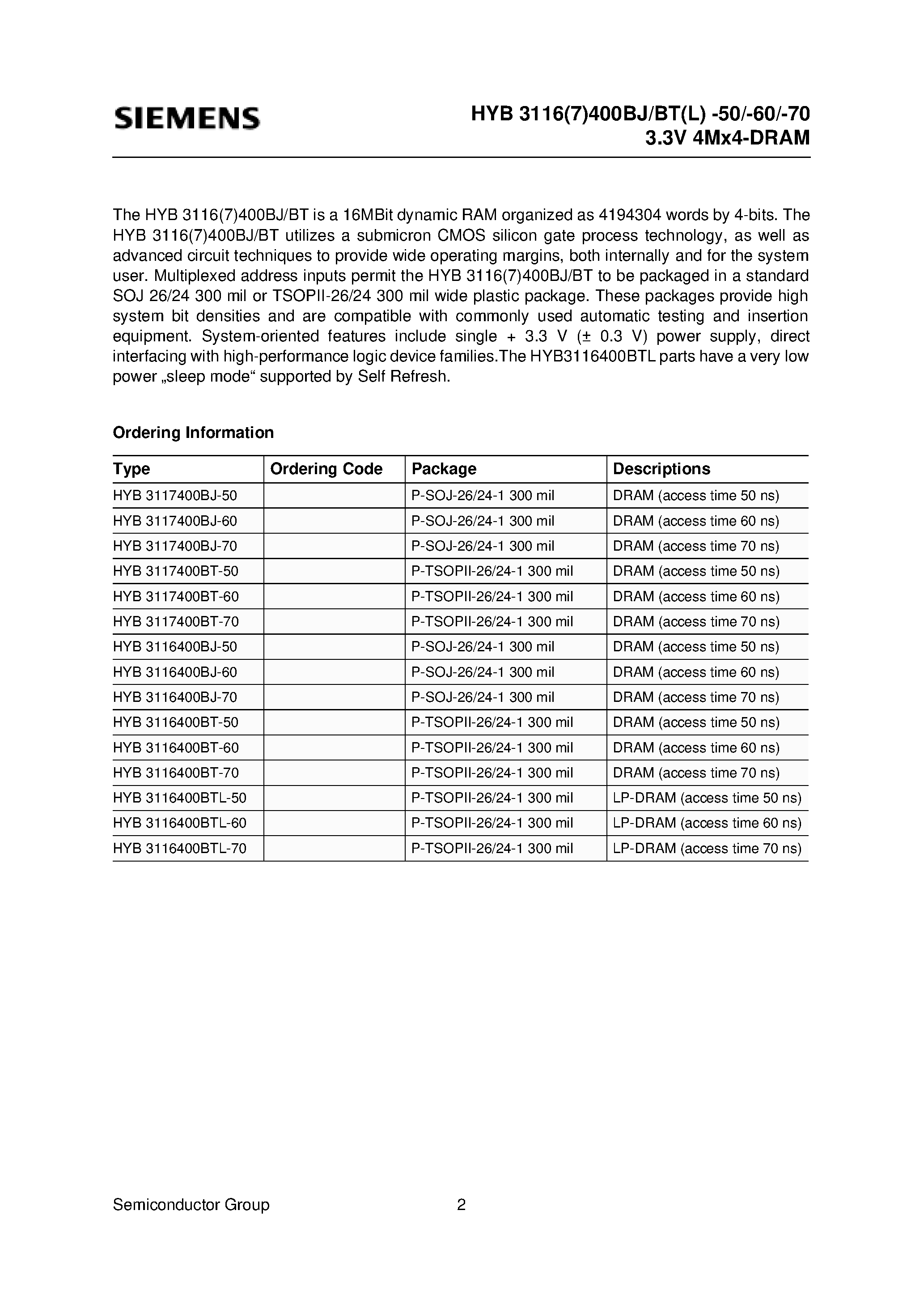Даташит HYB3117400BT-60 - 3.3V 4M x 4-Bit Dynamic RAM страница 2