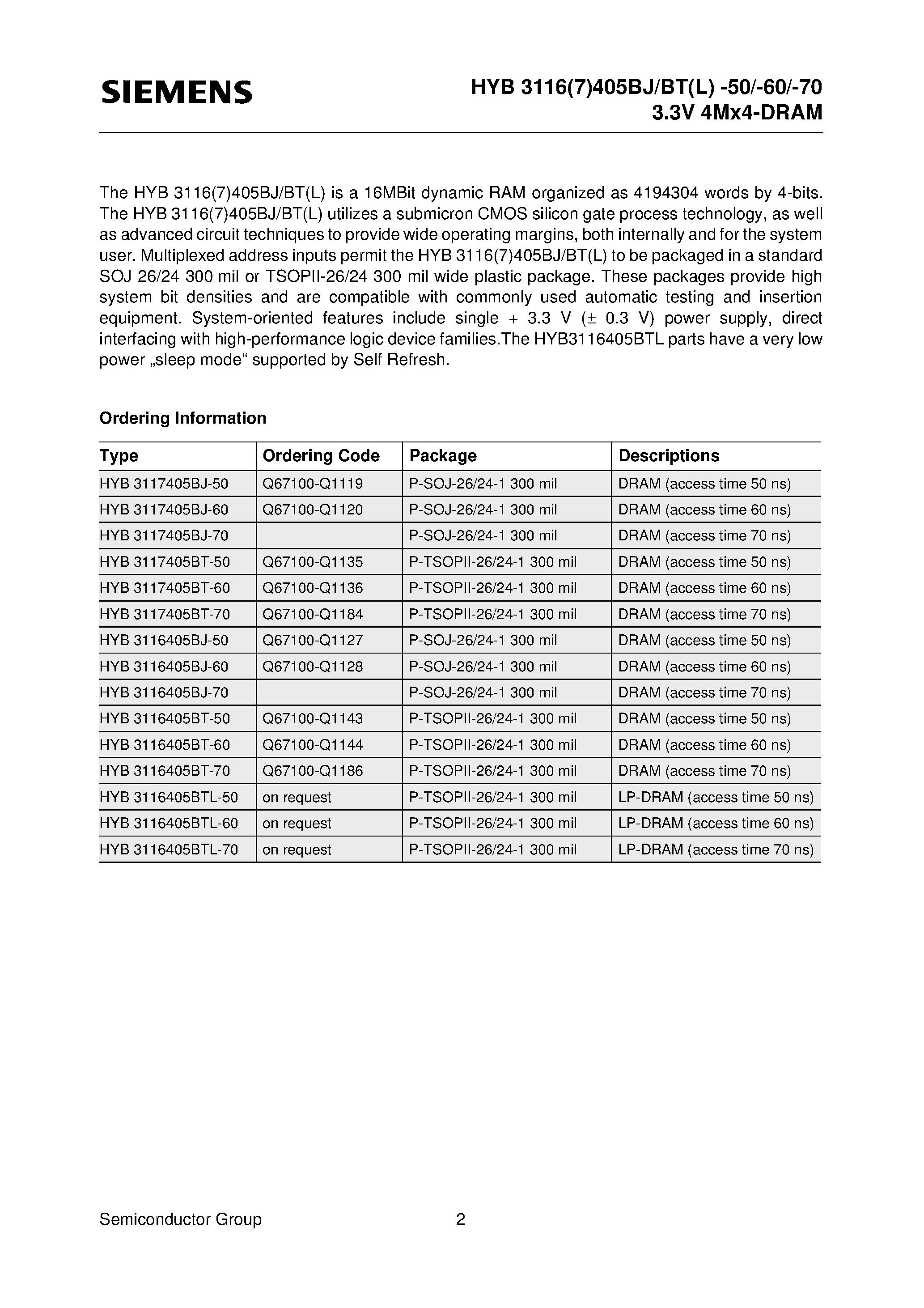 Datasheet HYB3117405BT-60 - 4M x 4-Bit Dynamic RAM 2k & 4k Refresh page 2