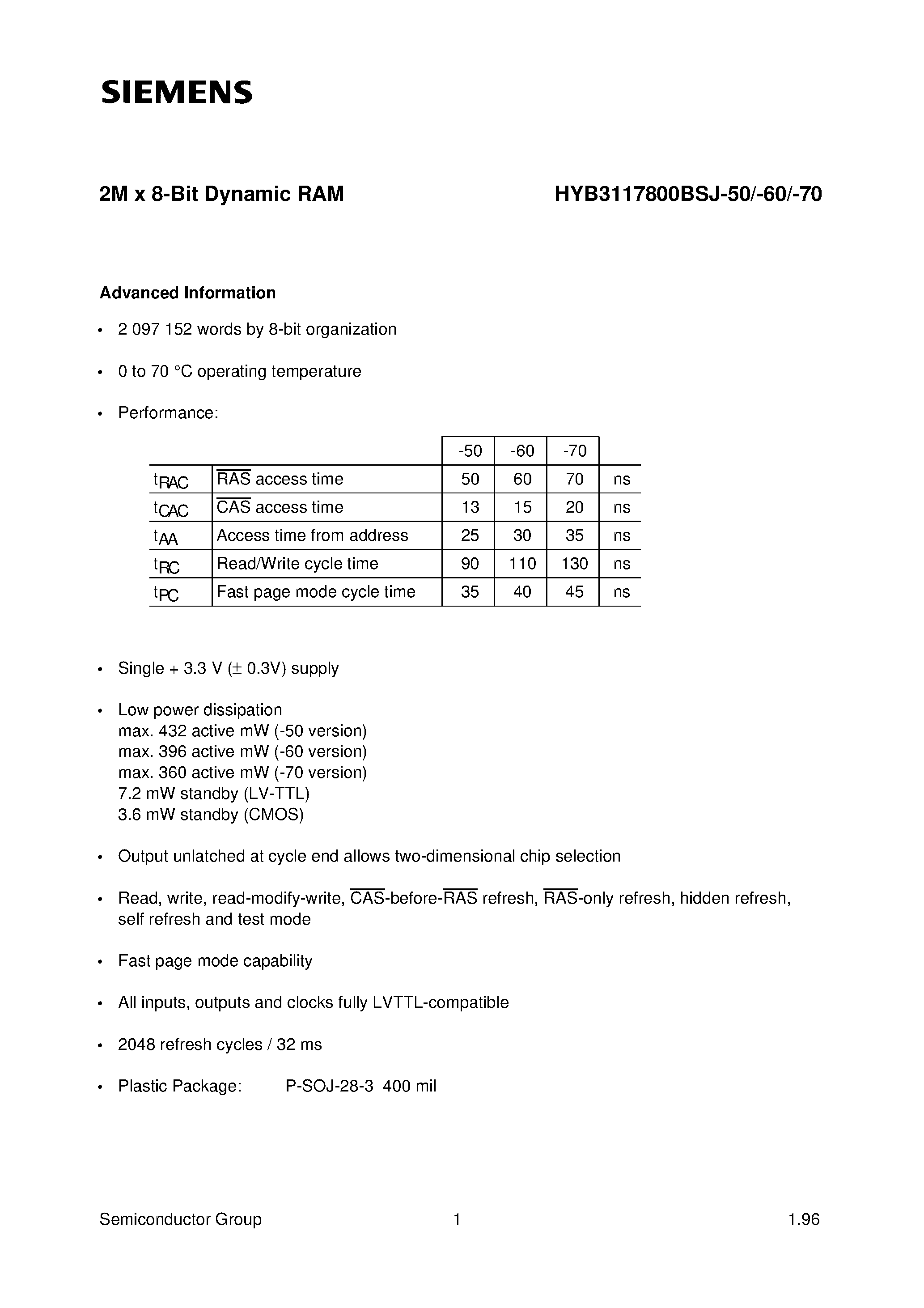 Даташит на микросхему HYB3117800BSJ-70 страница 1 Даташит HYB3117800BSJ-70 - 2M x 8-Bit Dynamic RAM страница 1