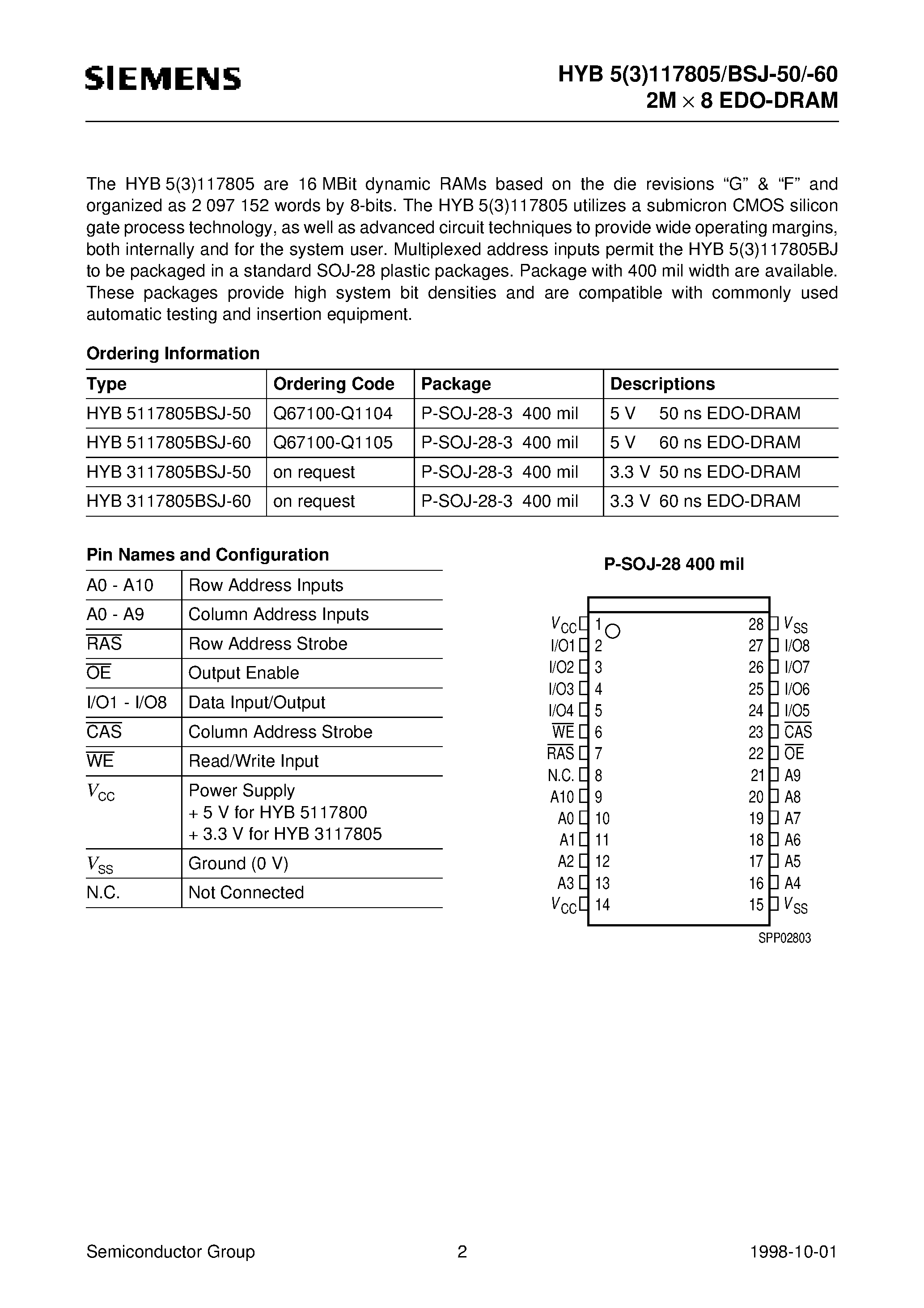 Даташит на микросхему HYB3117805BSJ-50 страница 2 Даташит HYB3117805BSJ-50 - 2M x 8-Bit Dynamic RAM 2k Refresh страница 2